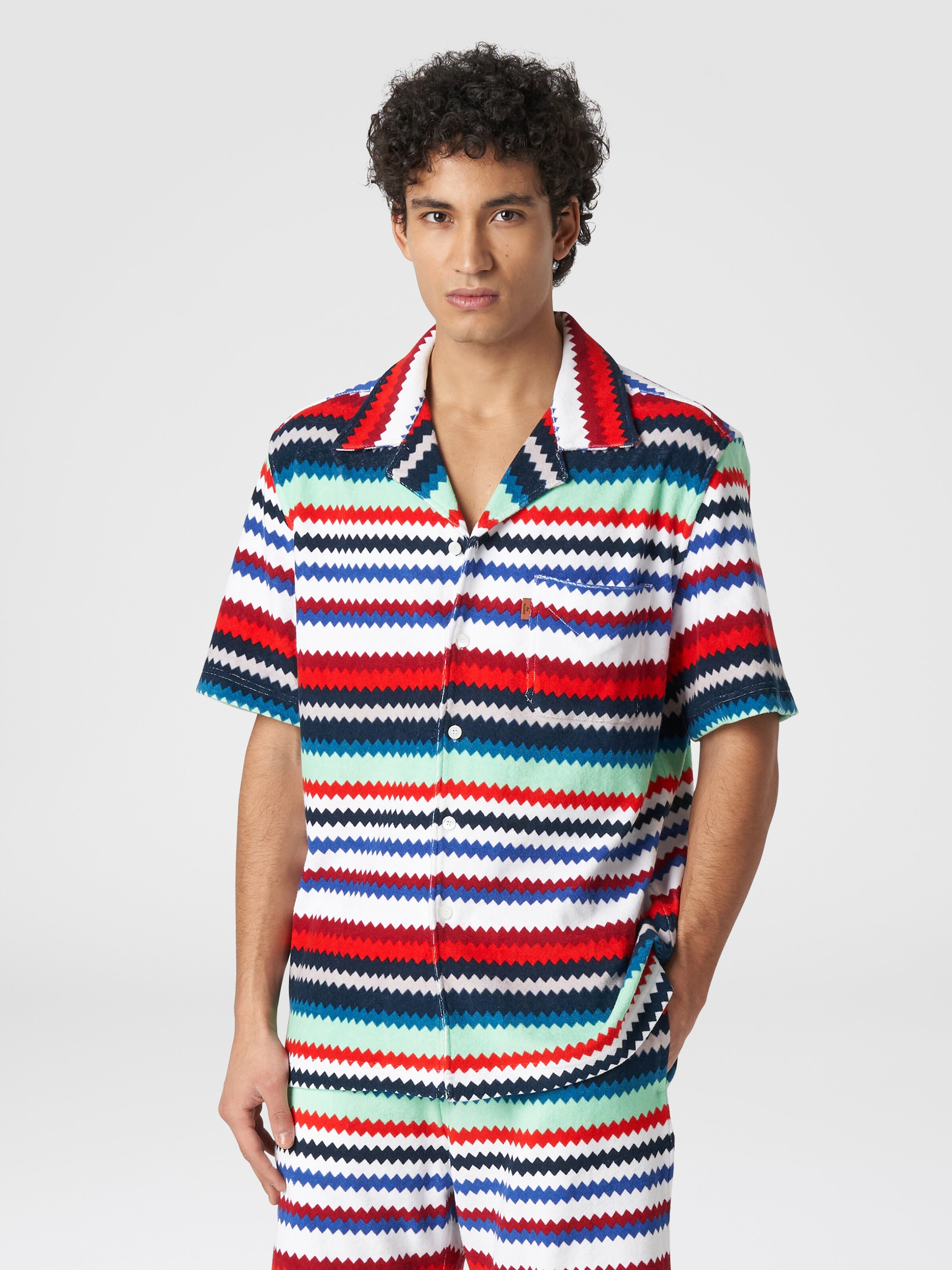 Short-sleeved bowling shirt in zigzag terry, Multicoloured  - 3