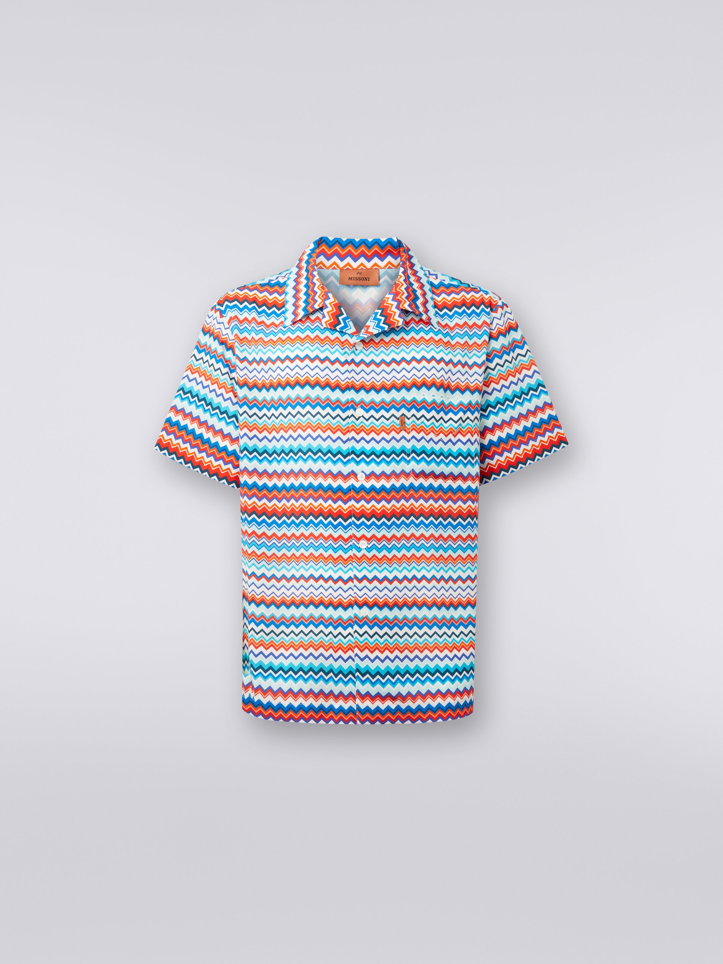Short-sleeved bowling shirt in zigzag viscose, Multicoloured  - 0