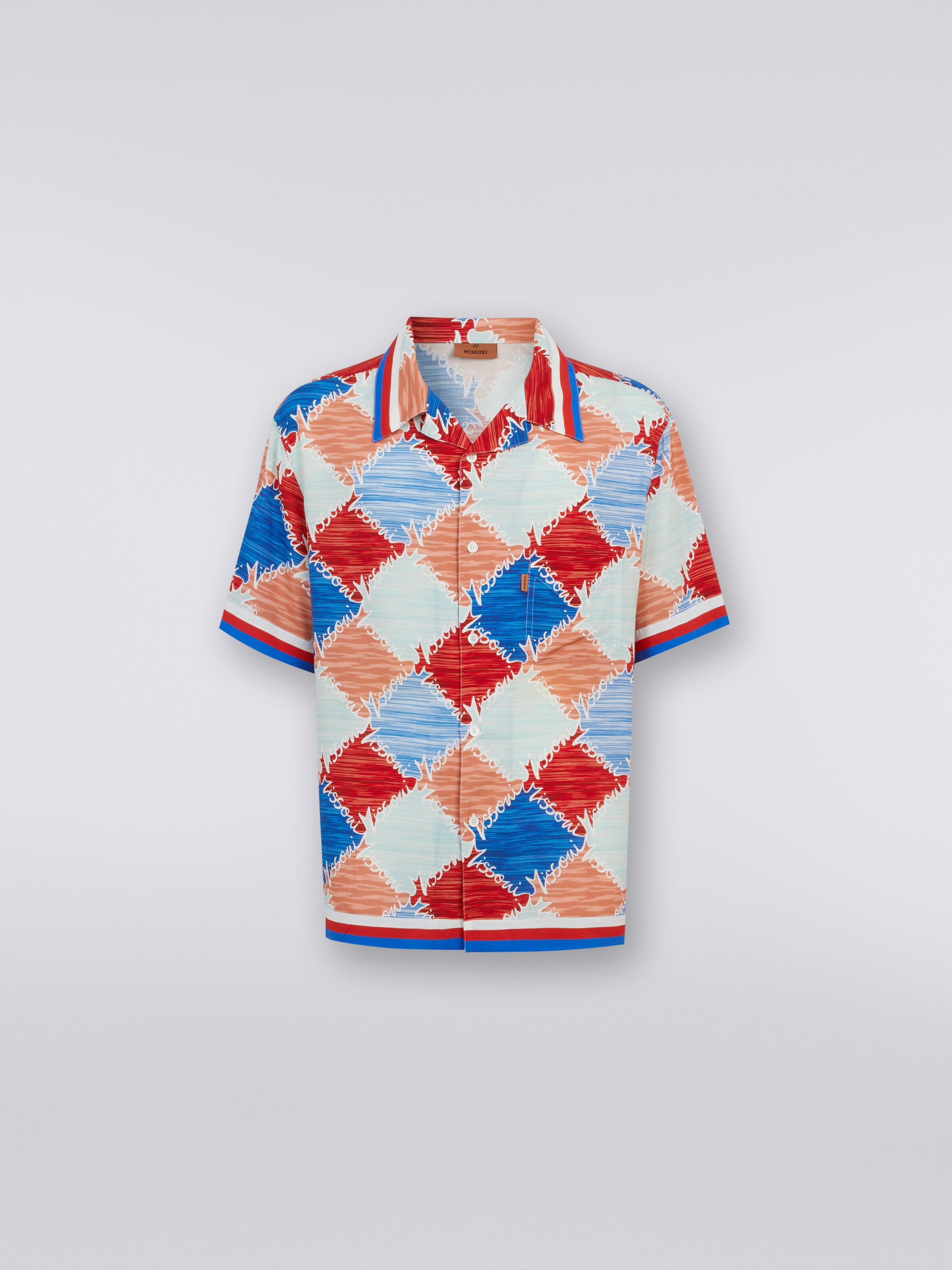 Camicia a maniche corte in viscosa a losanghe con scritta logo, Multicolore  - 0