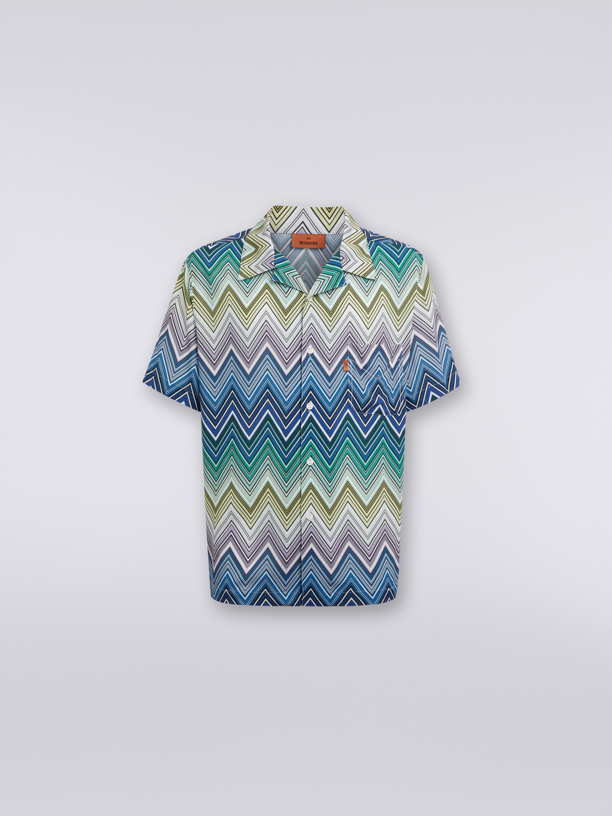 Short-sleeved shirt in viscose with large zigzag print, Multicoloured  - 0