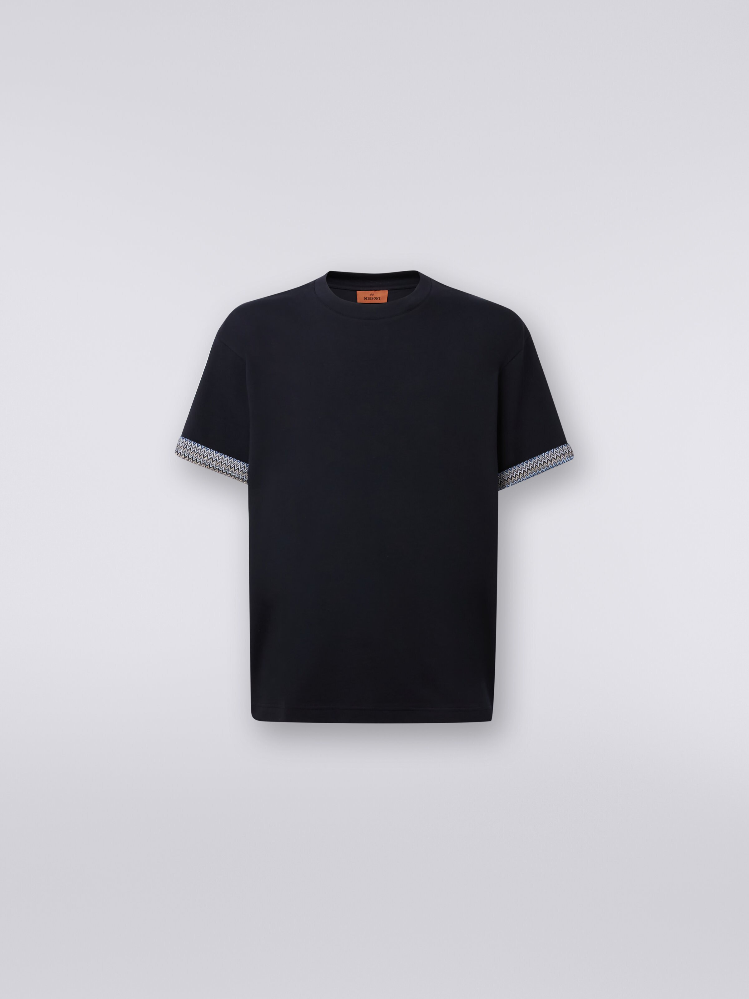 T-shirt à col rond en coton avec revers à chevrons, Bleu - 0