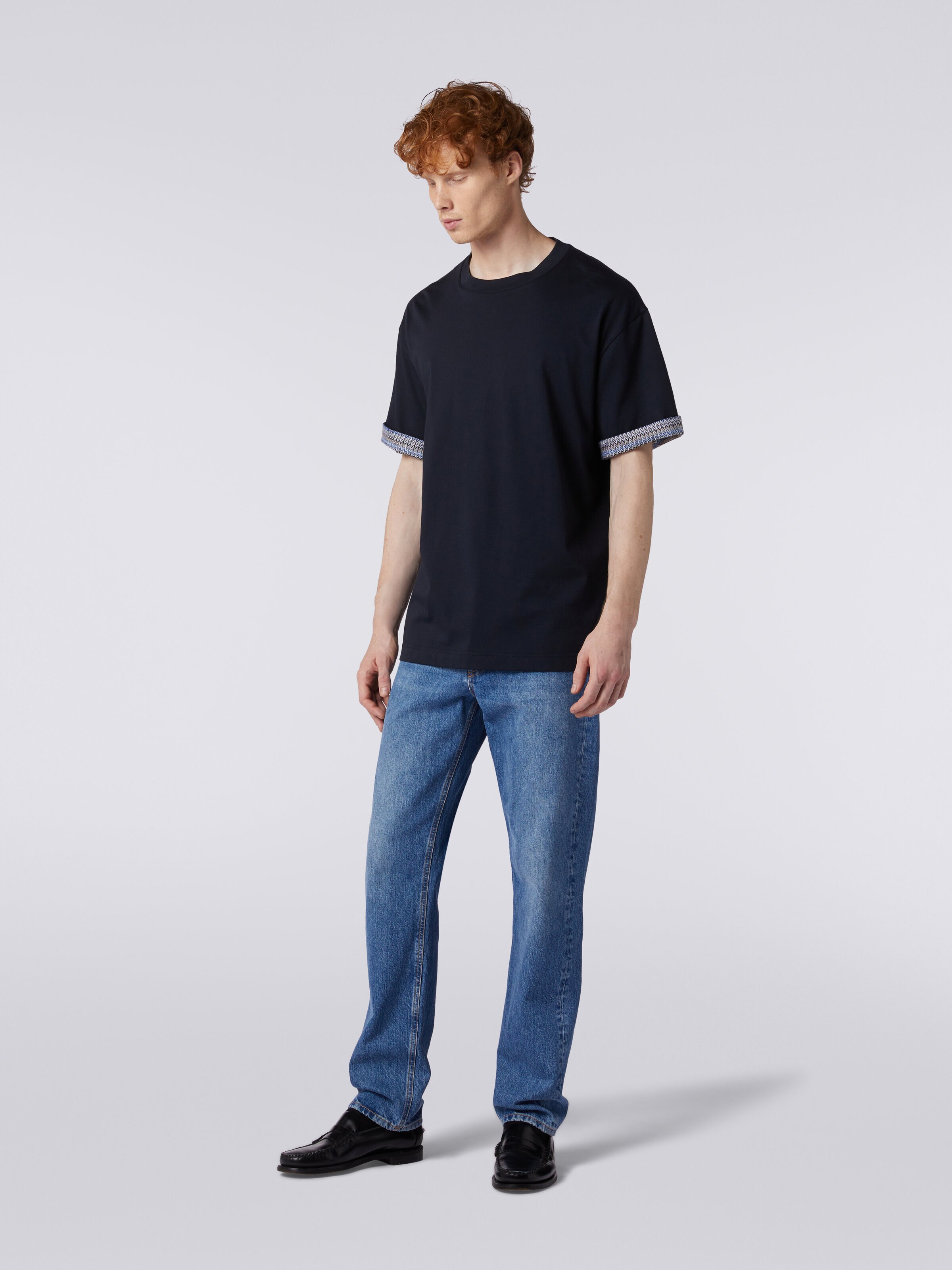 T-shirt à col rond en coton avec revers à chevrons, Bleu - 2