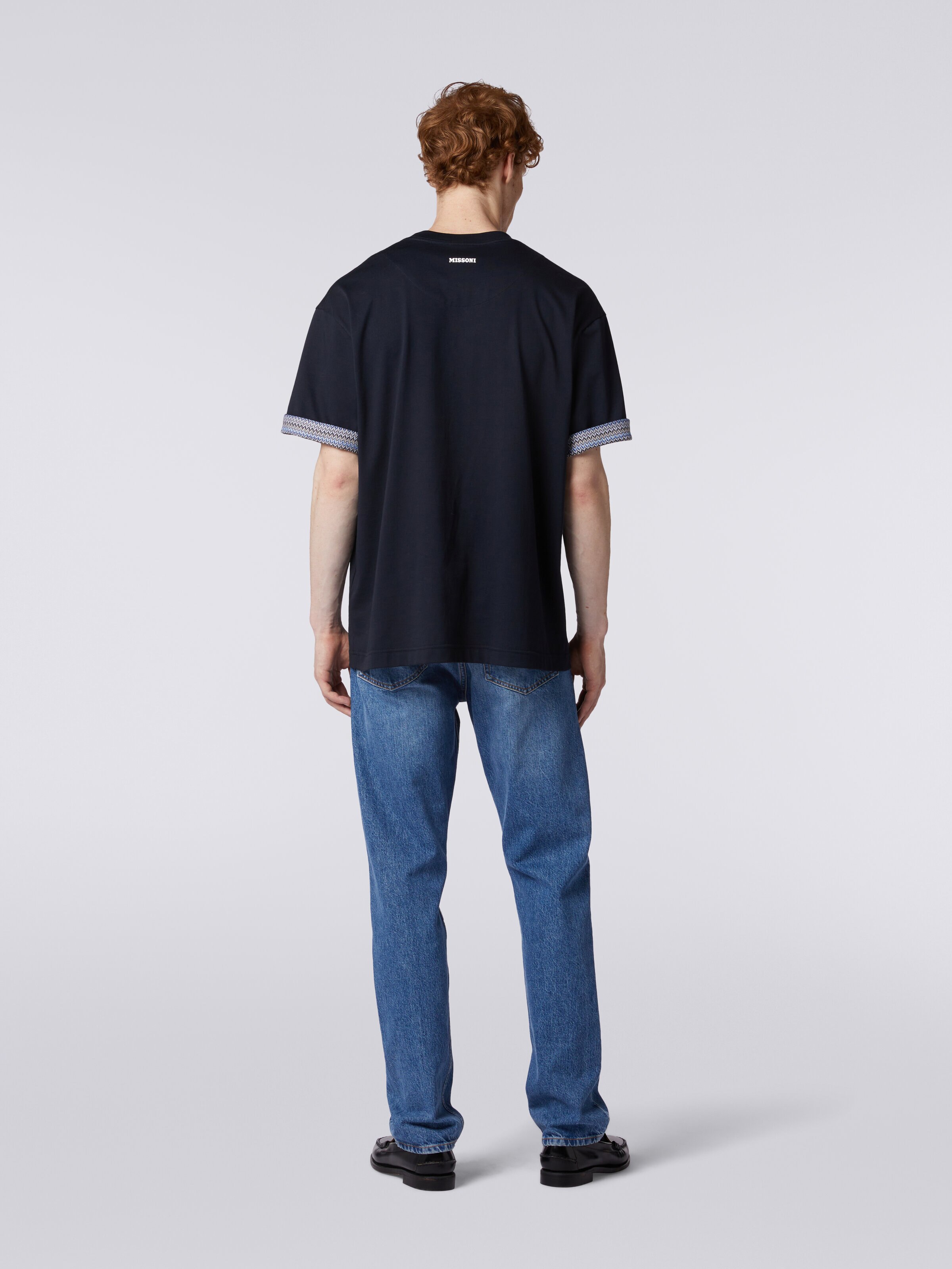 Camiseta de cuello redondo de algodón con vuelta a espigas, Azul Oscuro - 3