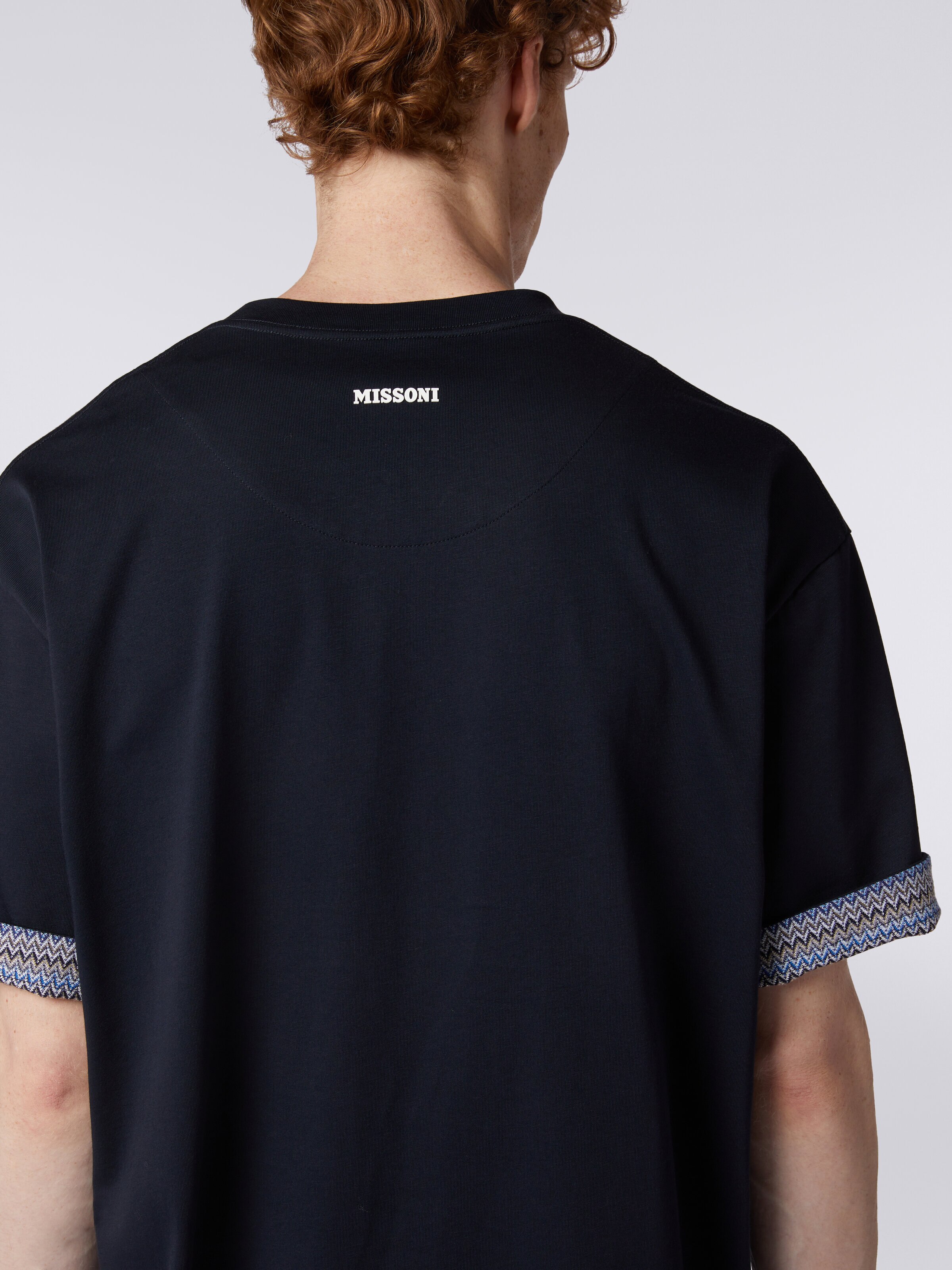 T-shirt à col rond en coton avec revers à chevrons, Bleu - 4
