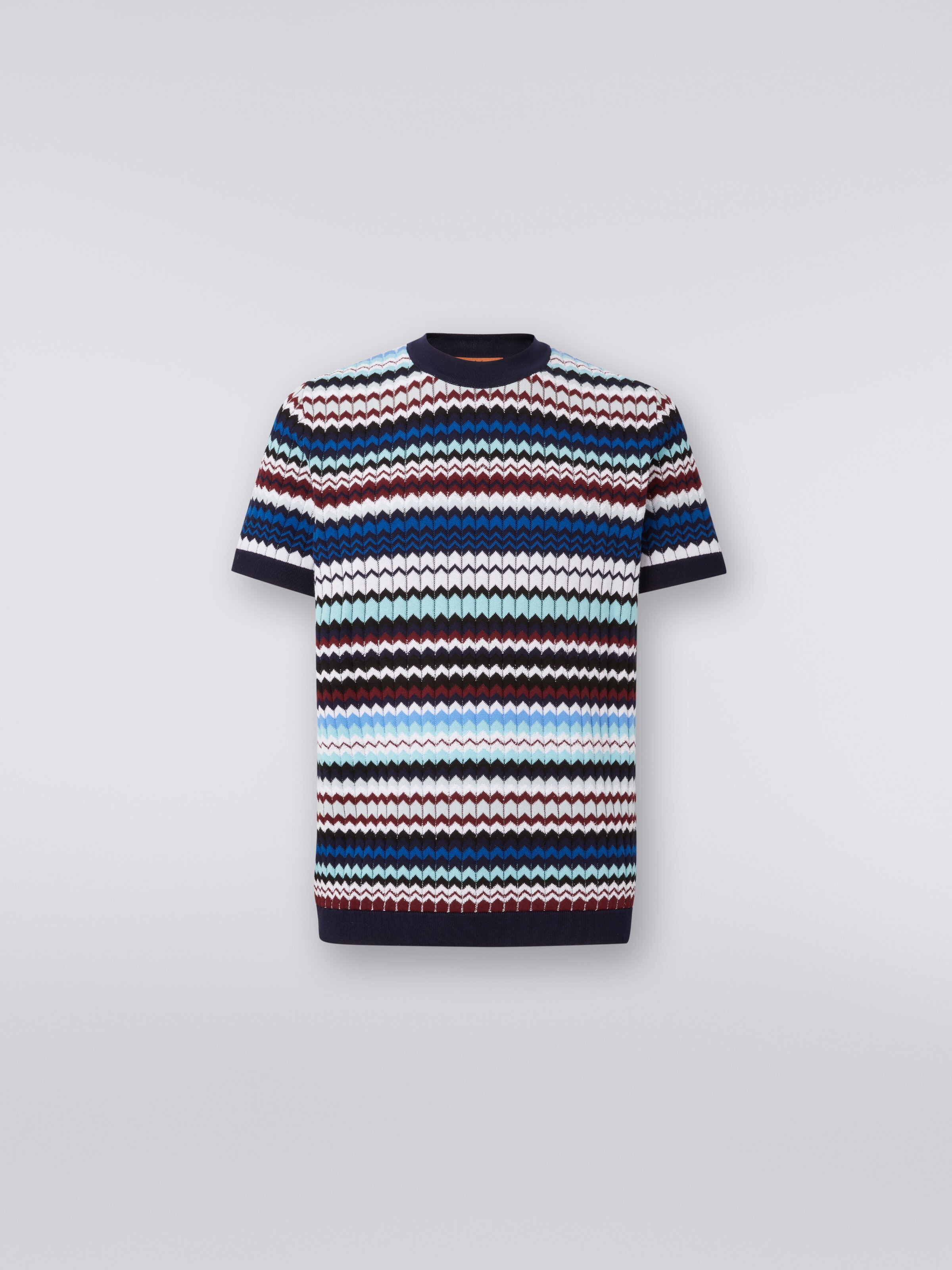 T-shirt in ribbed zigzag cotton knit, Multicoloured  - 0