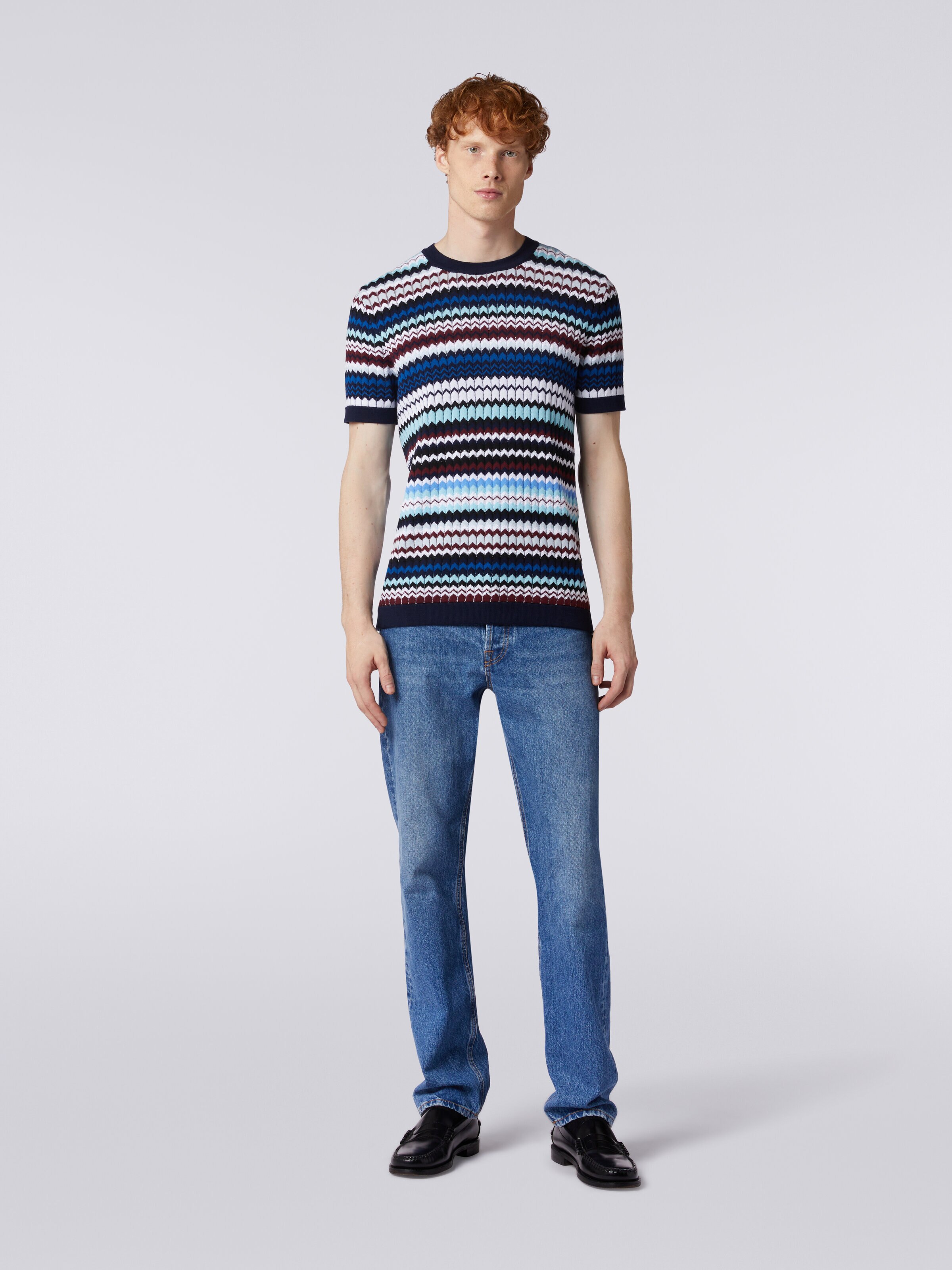T-shirt in ribbed zigzag cotton knit, Multicoloured  - 1