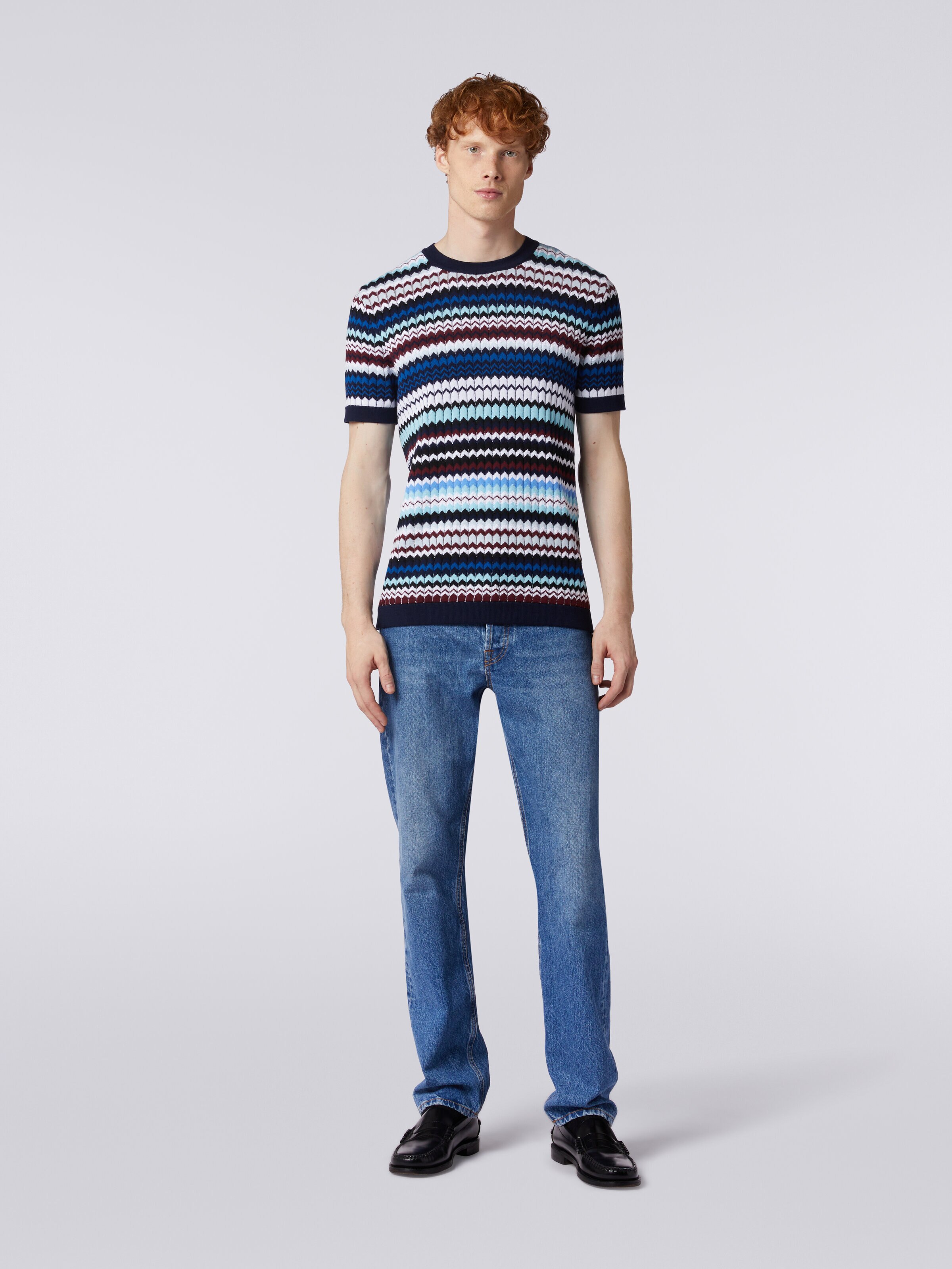 T-shirt in maglia di cotone zig zag a costine, Multicolore  - 1