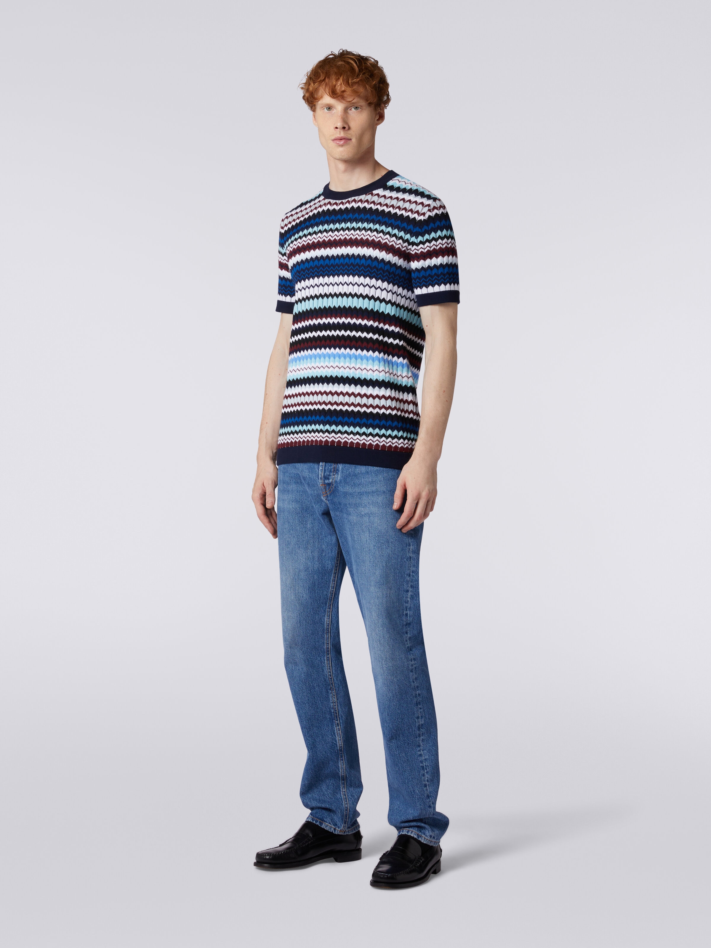 T-shirt in ribbed zigzag cotton knit, Multicoloured  - 2