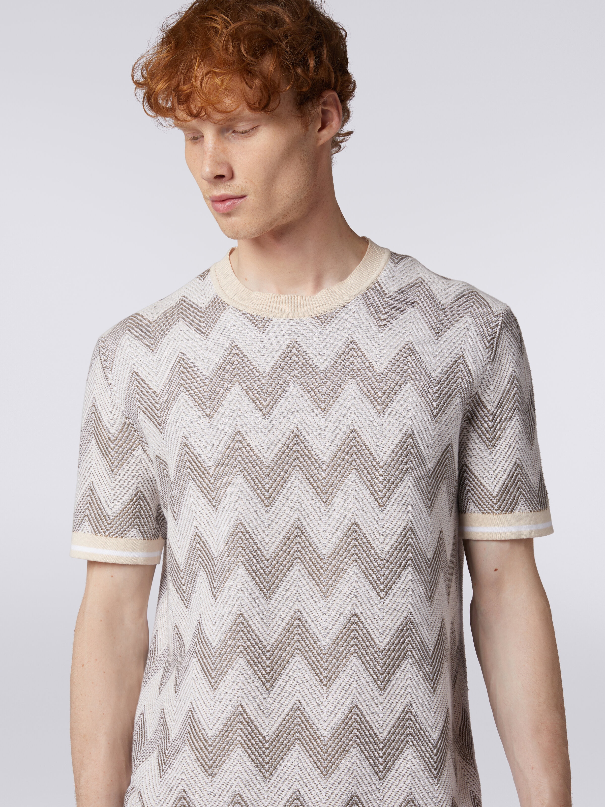 T-shirt in chevron cotton knit with contrasting trim, Multicoloured  - 4