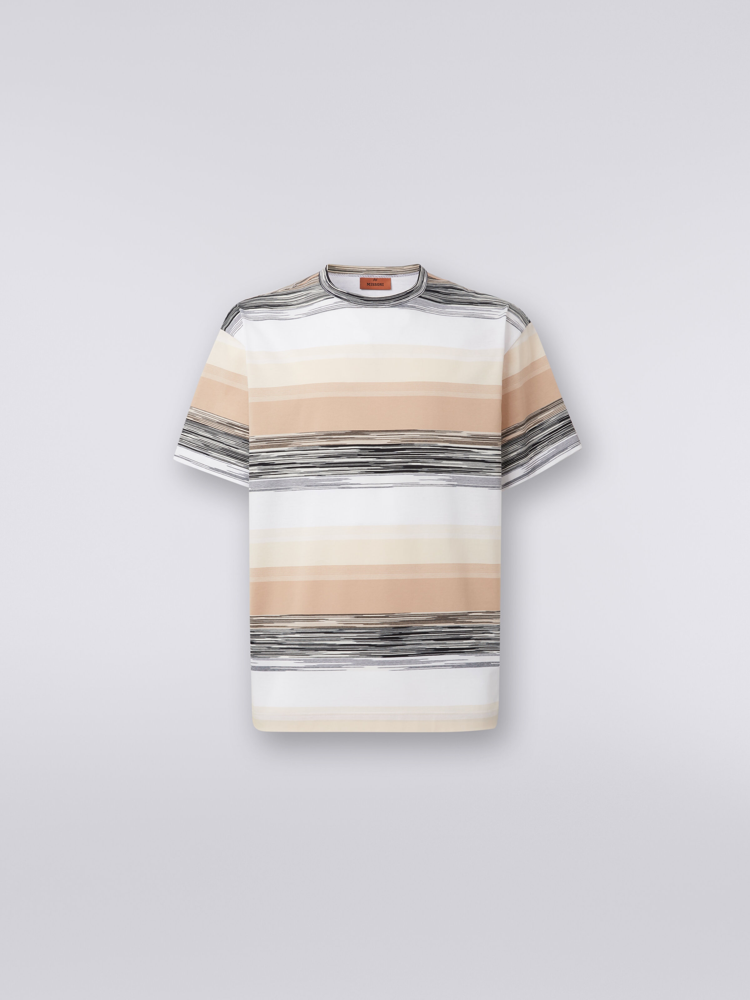 Kurzärmeliges Baumwoll-T-Shirt mit Flammgarneinsätzen , Beige - 0