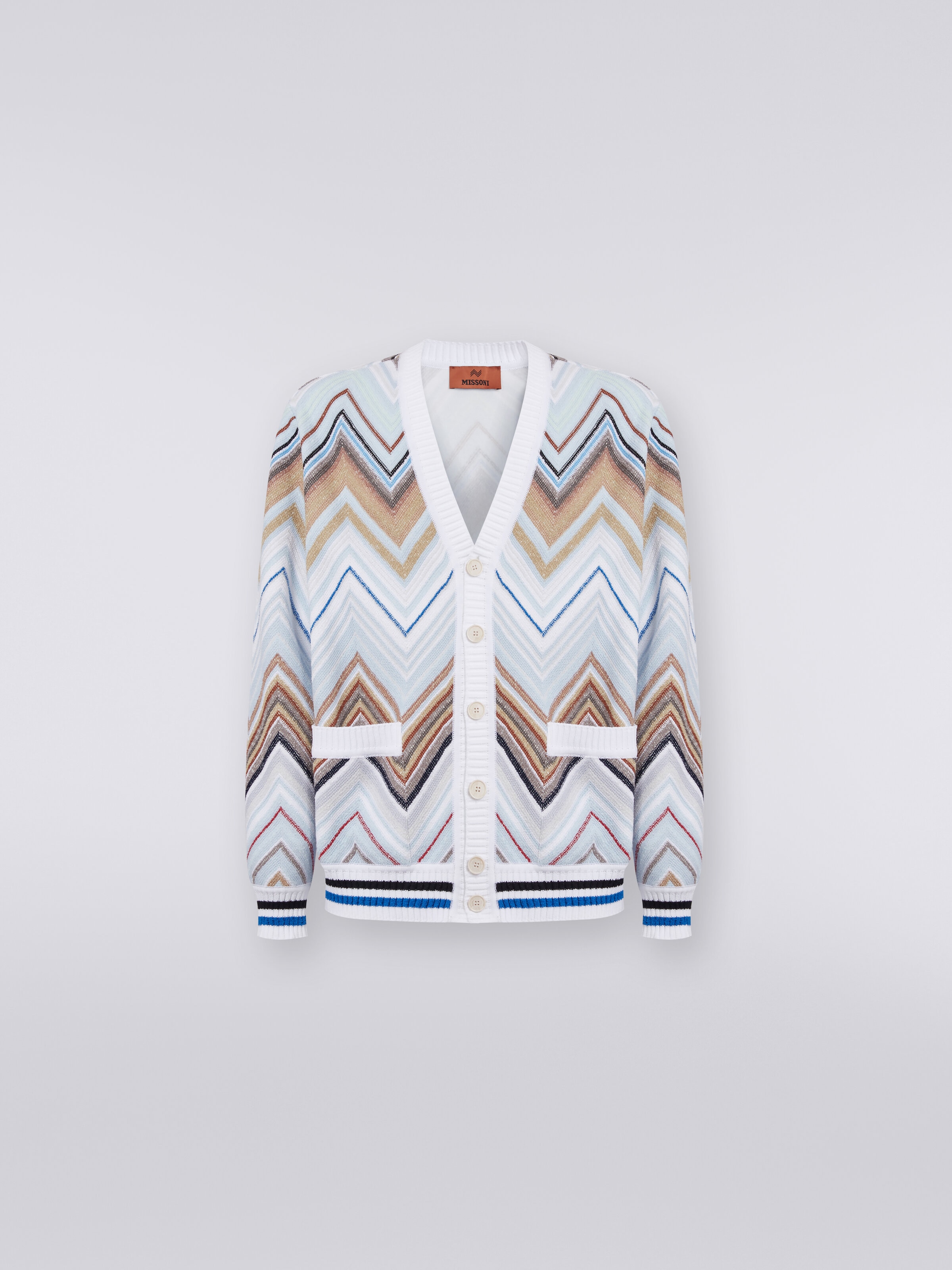 Cardigan in chevron cotton blend, White  - 0