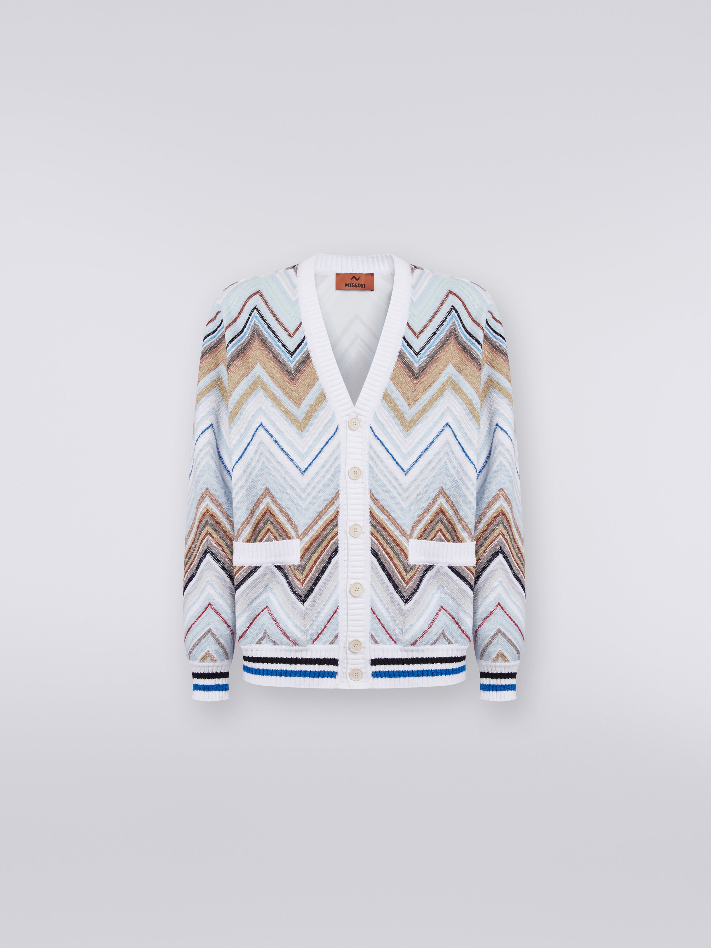 Cardigan in chevron cotton blend, White  - 0