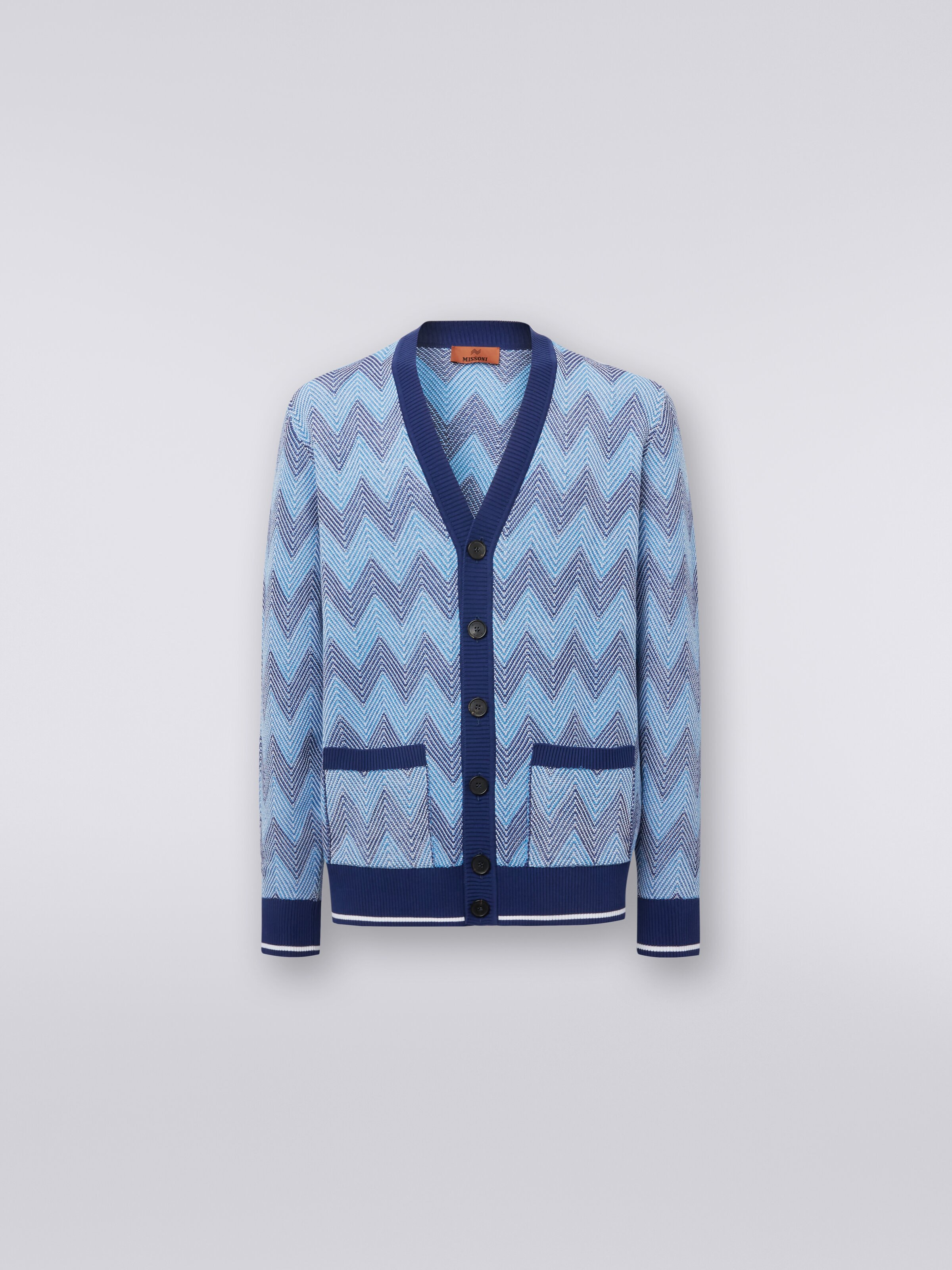 Cardigan in chevron cotton knit with contrasting trim, Blue - 0