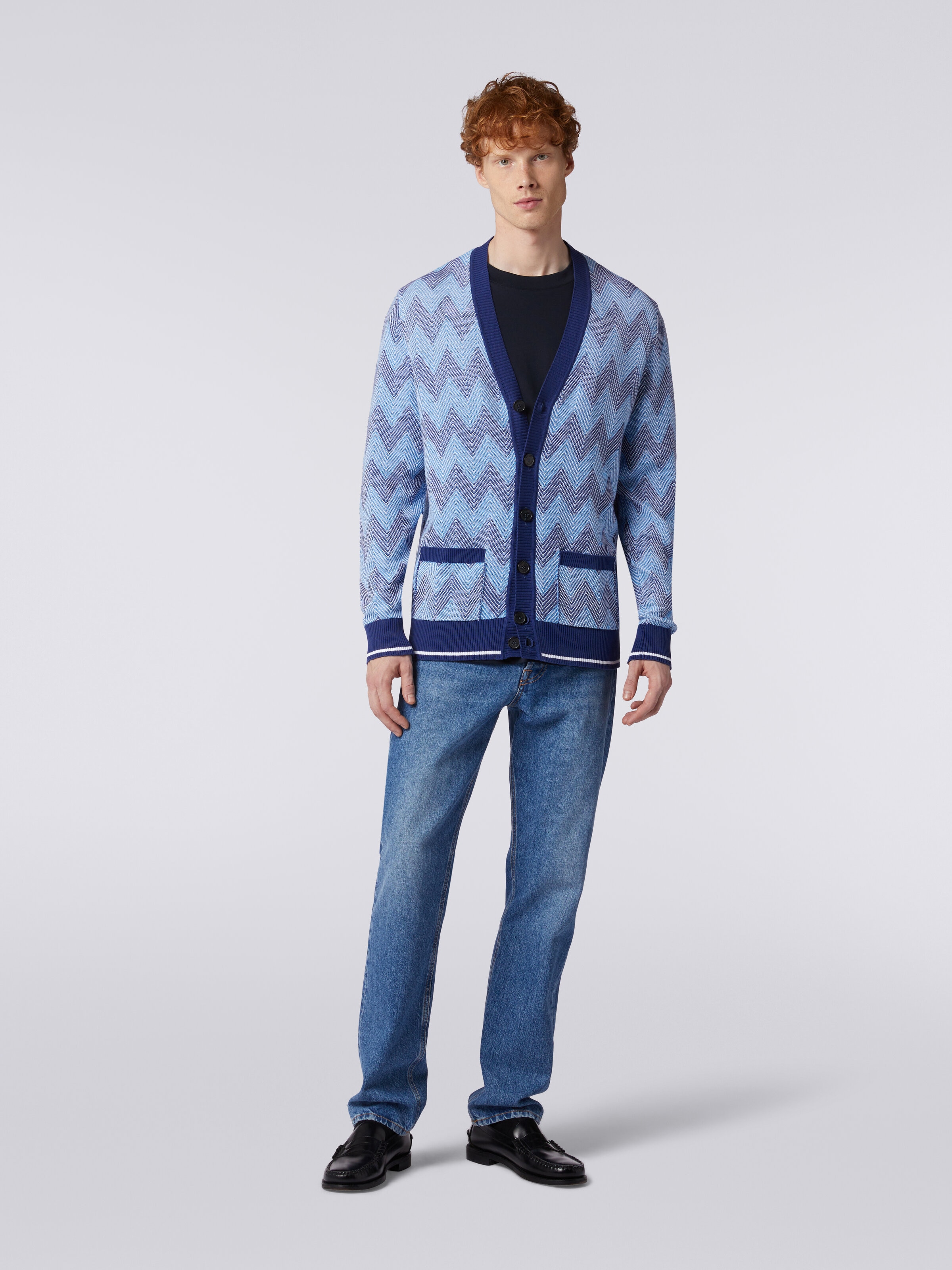 Cardigan in chevron cotton knit with contrasting trim, Blue - 1