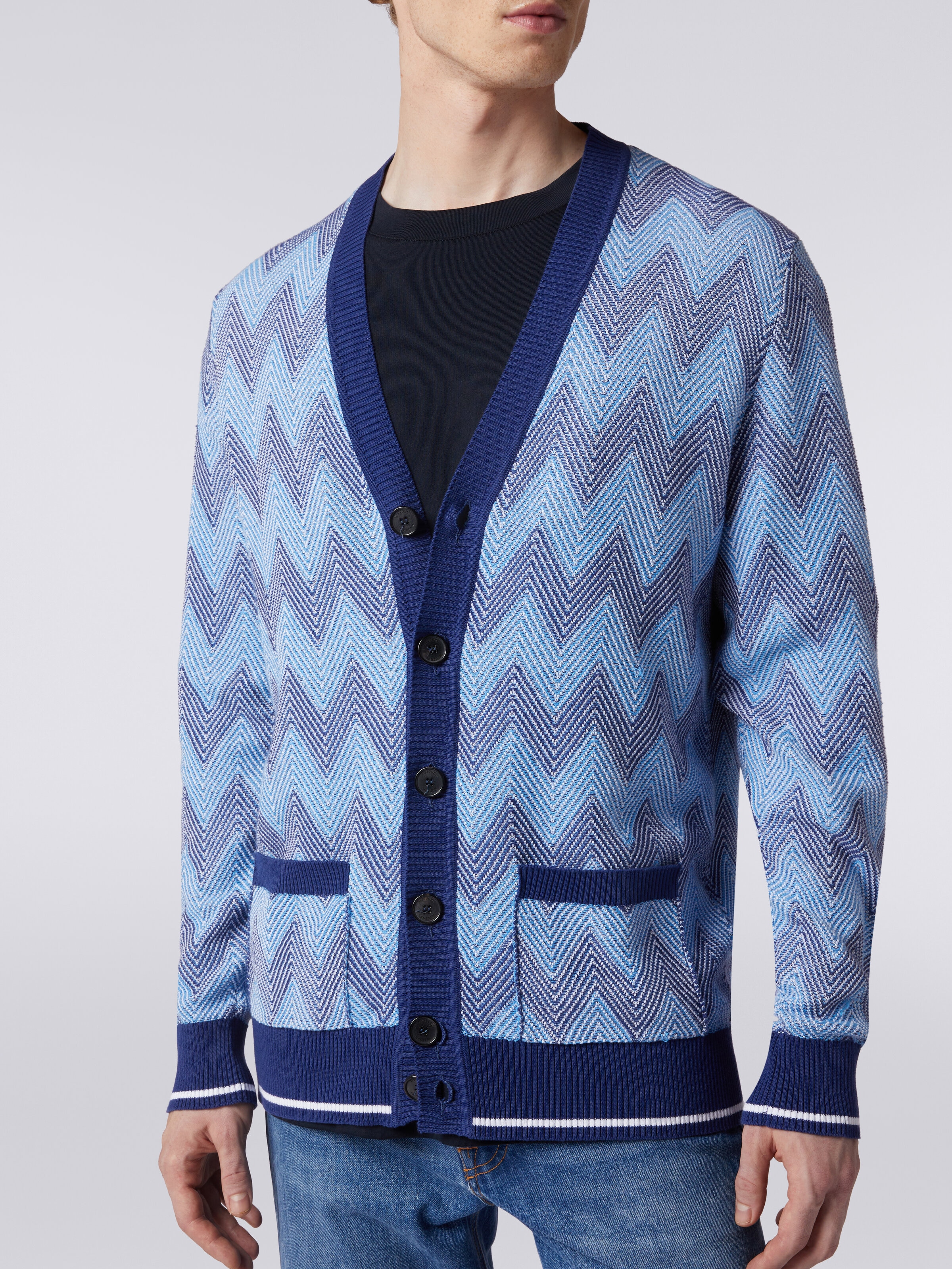 Cardigan in chevron cotton knit with contrasting trim, Blue - 4