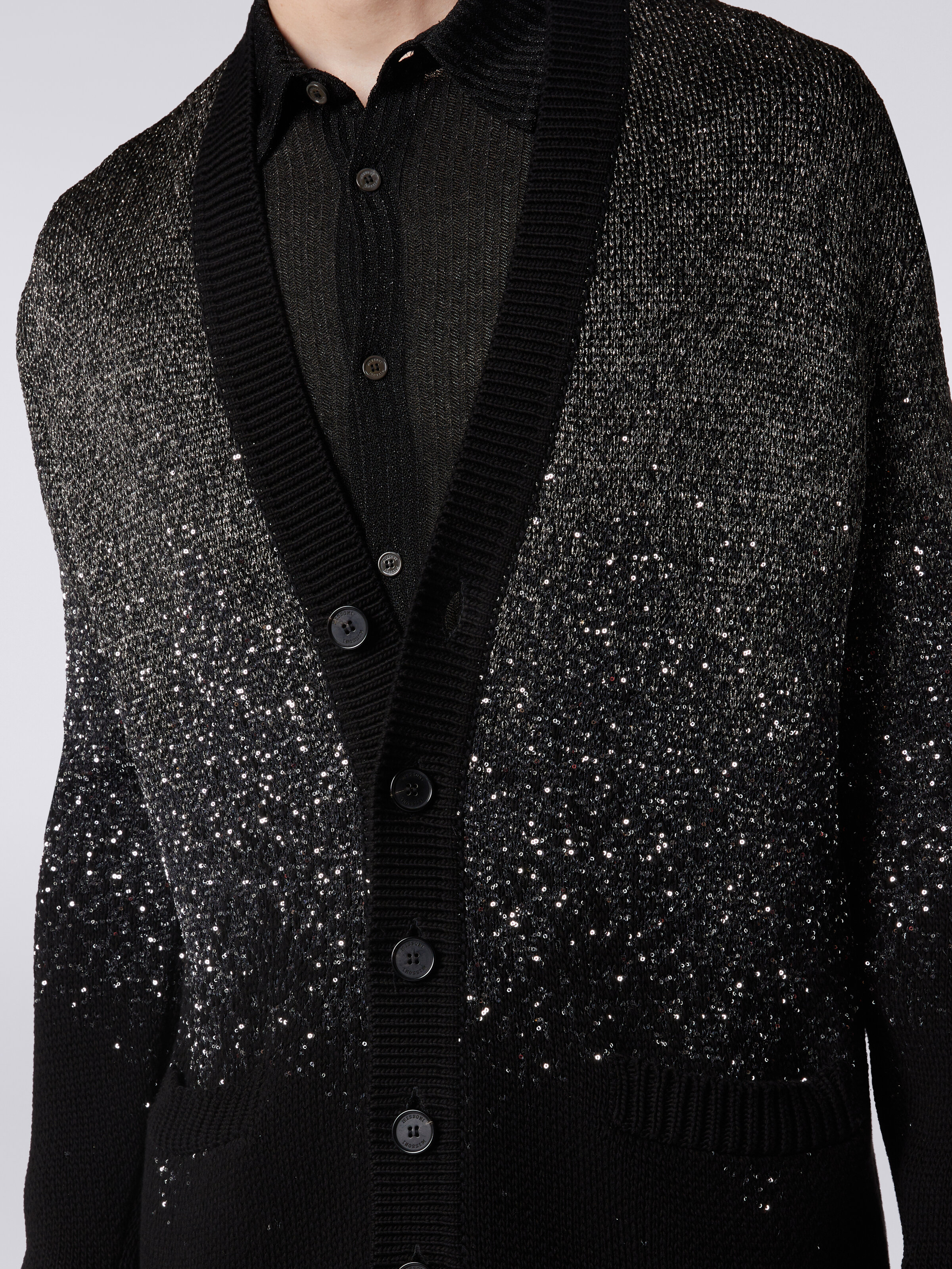 Cardigan en coton mélangé avec lurex et paillettes, Noir    - 4