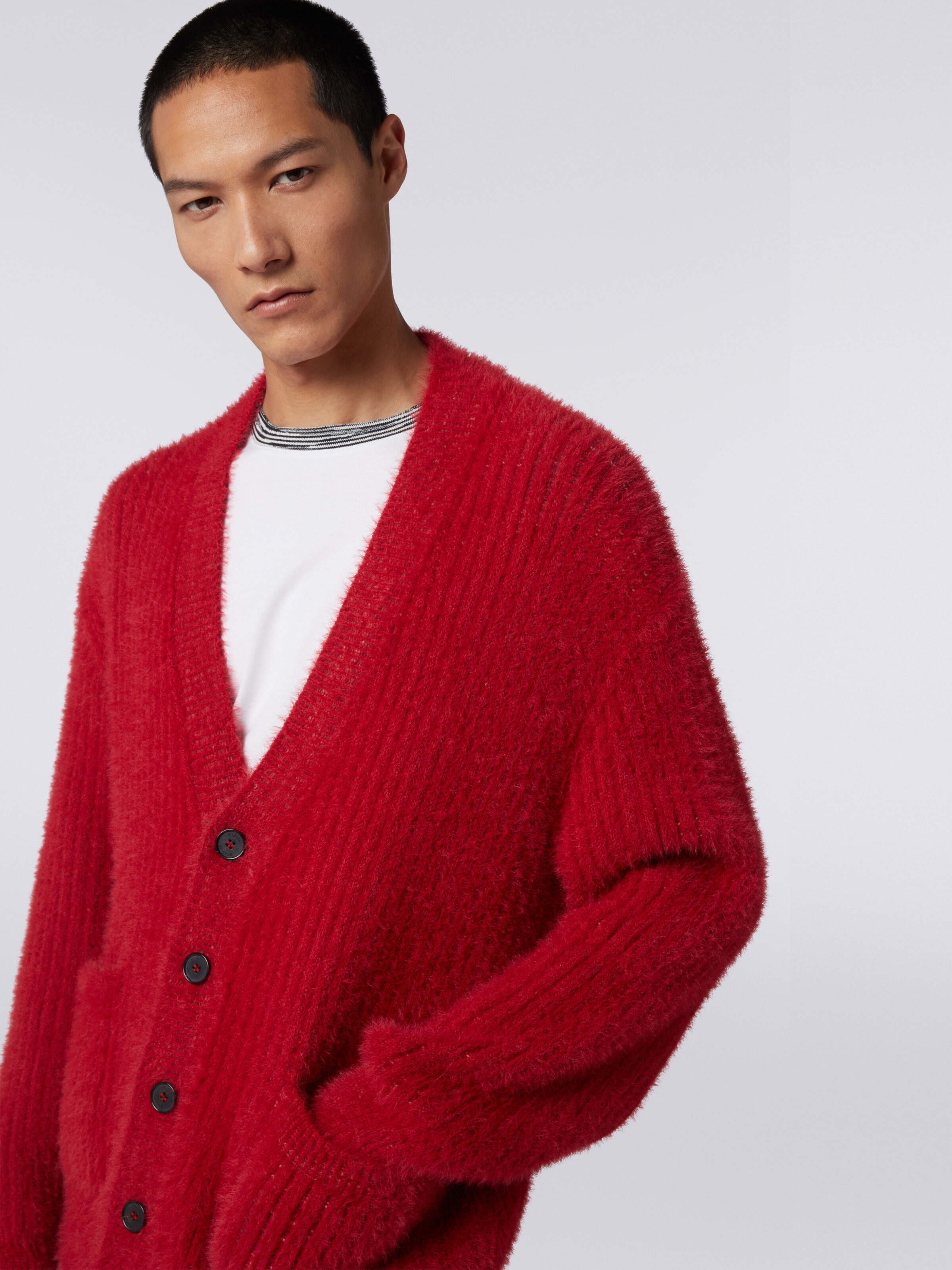 Cardigan oversize en laine mélangée à effet fourrure, Rouge  - 4
