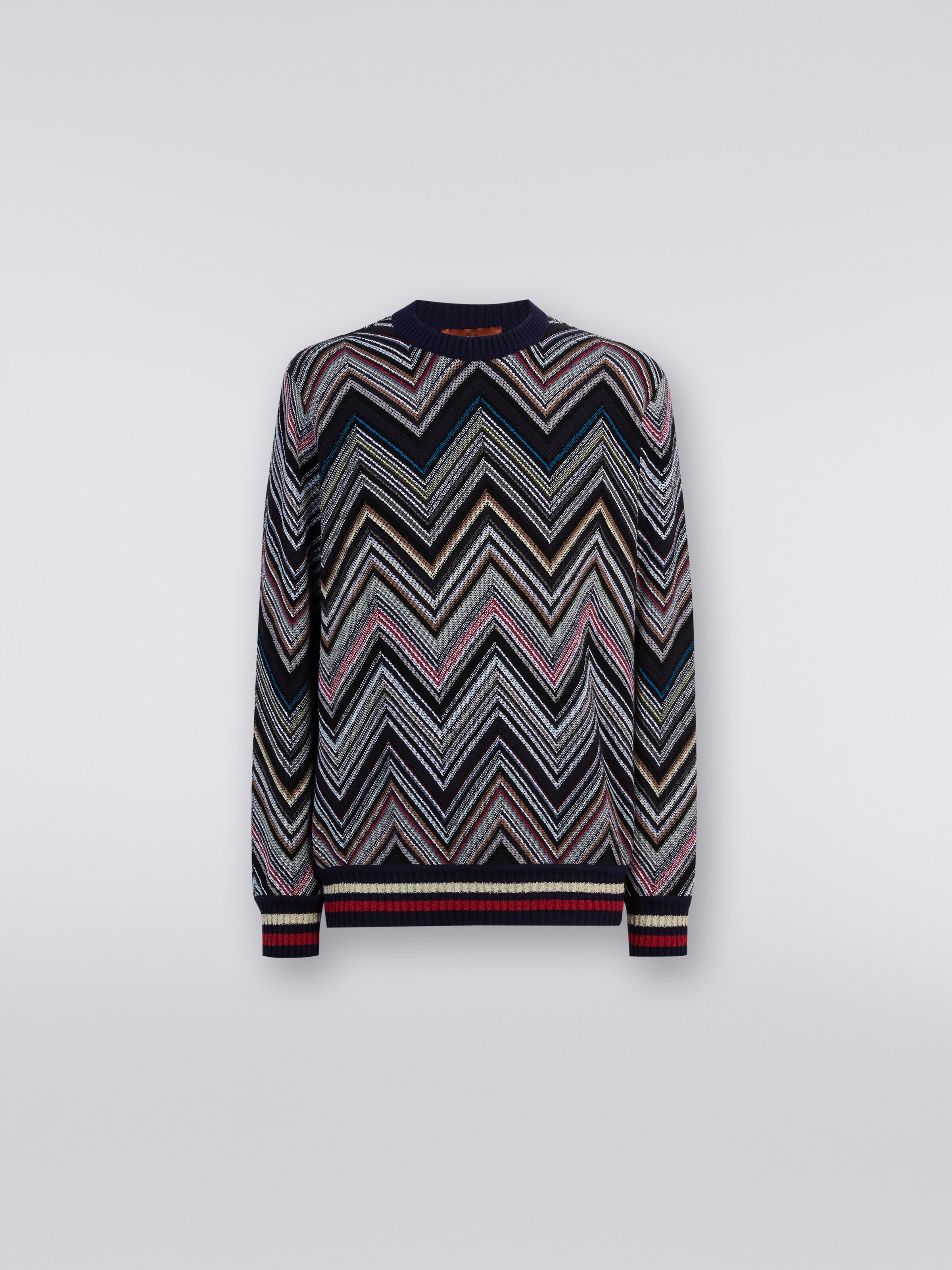 Crew-neck pullover in chevron cotton blend, Blue - 0