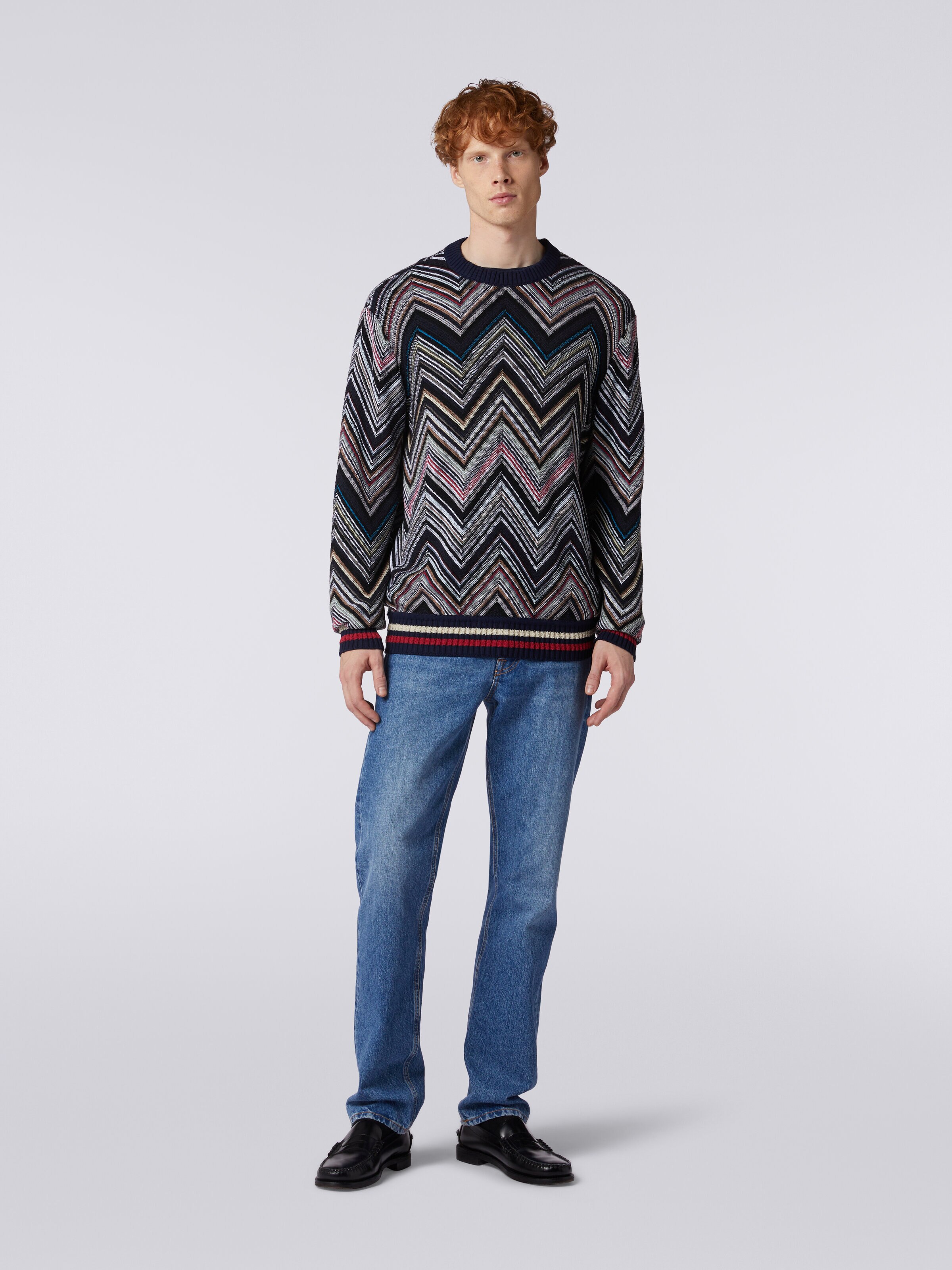 Crew-neck pullover in chevron cotton blend, Blue - 1