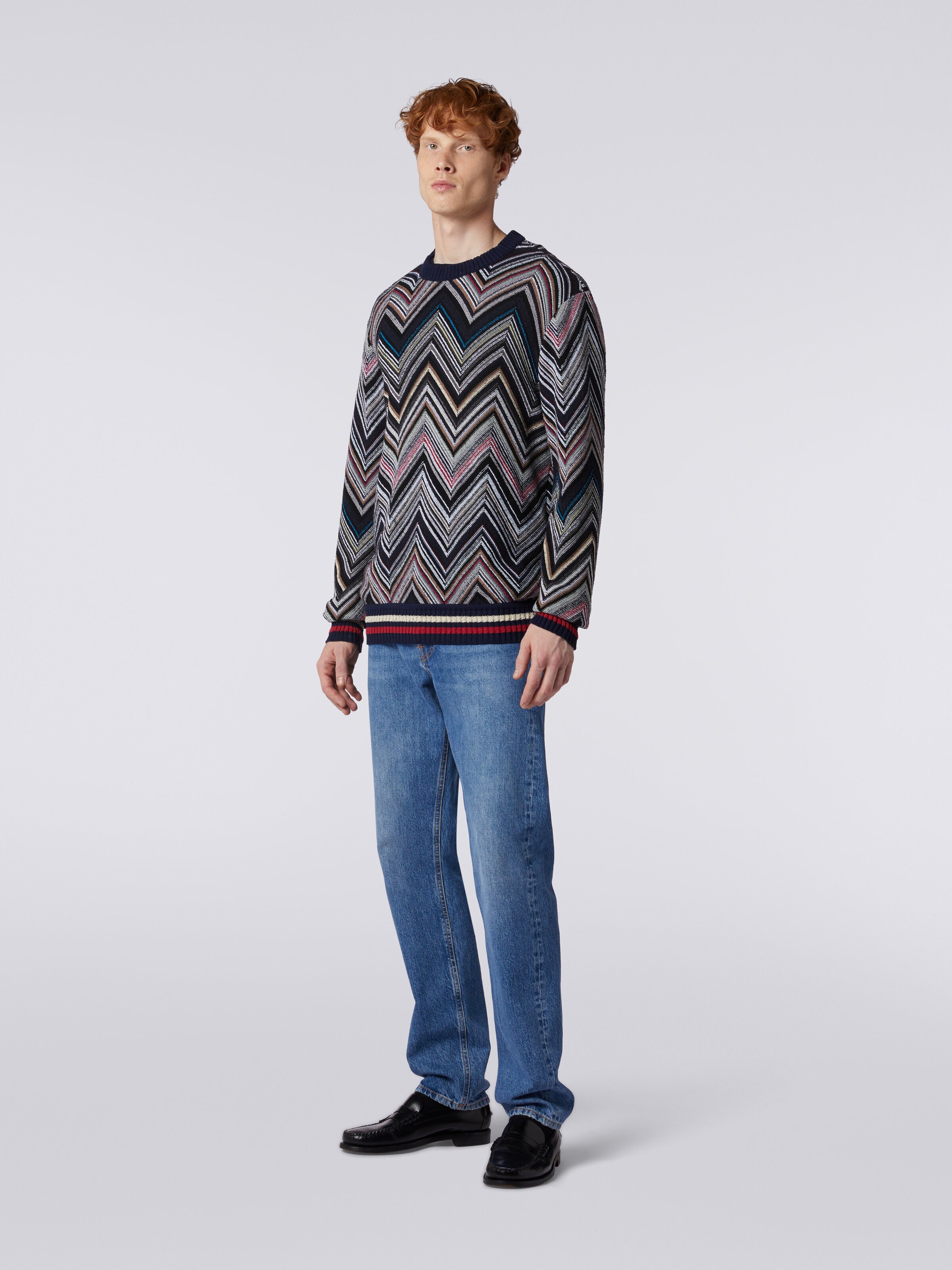 Crew-neck pullover in chevron cotton blend, Blue - 2