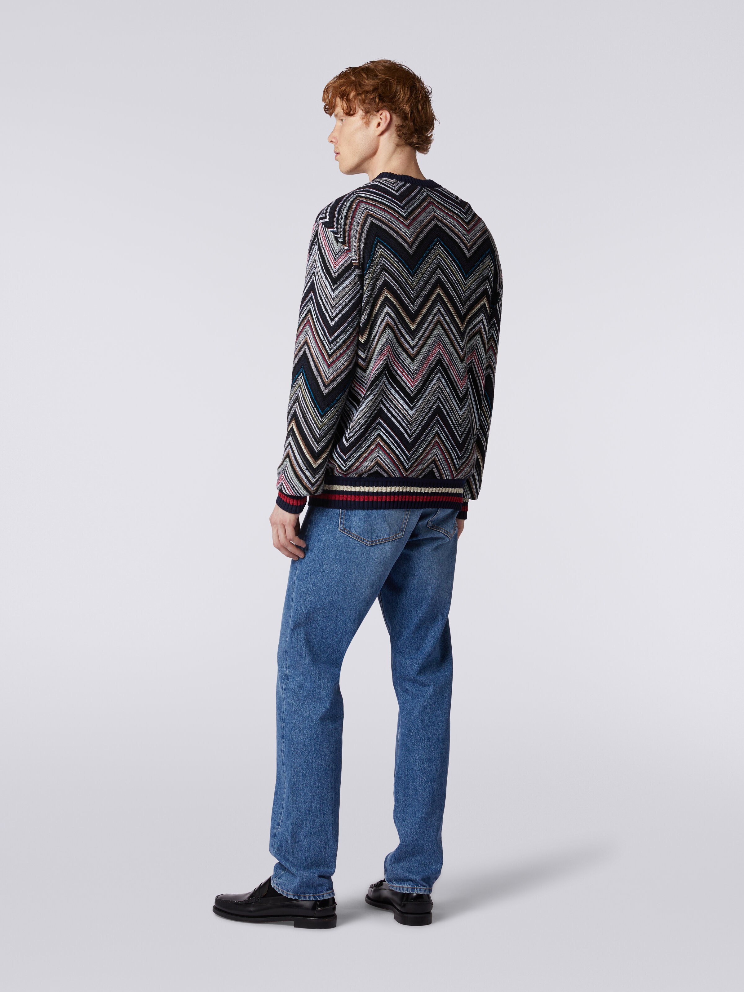 Crew-neck pullover in chevron cotton blend, Blue - 3