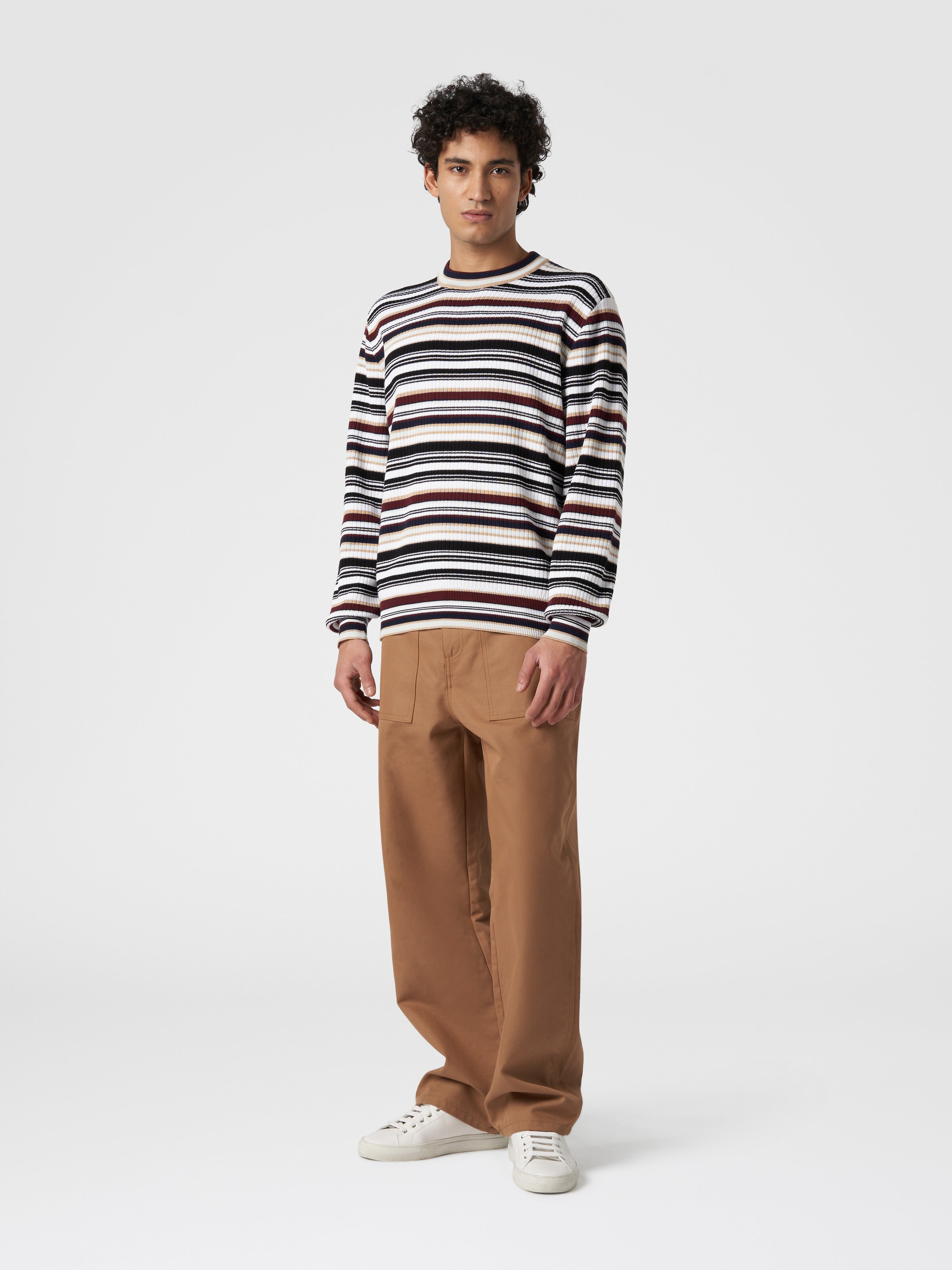 Crew-neck pullover in striped cotton, Multicoloured  - 1