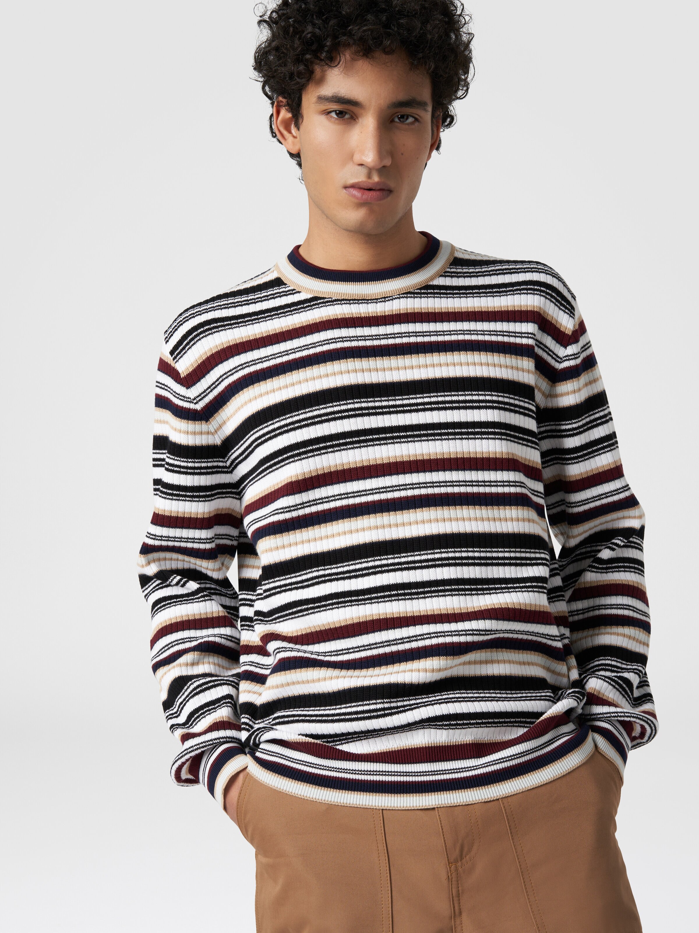 Crew-neck pullover in striped cotton, Multicoloured  - 3