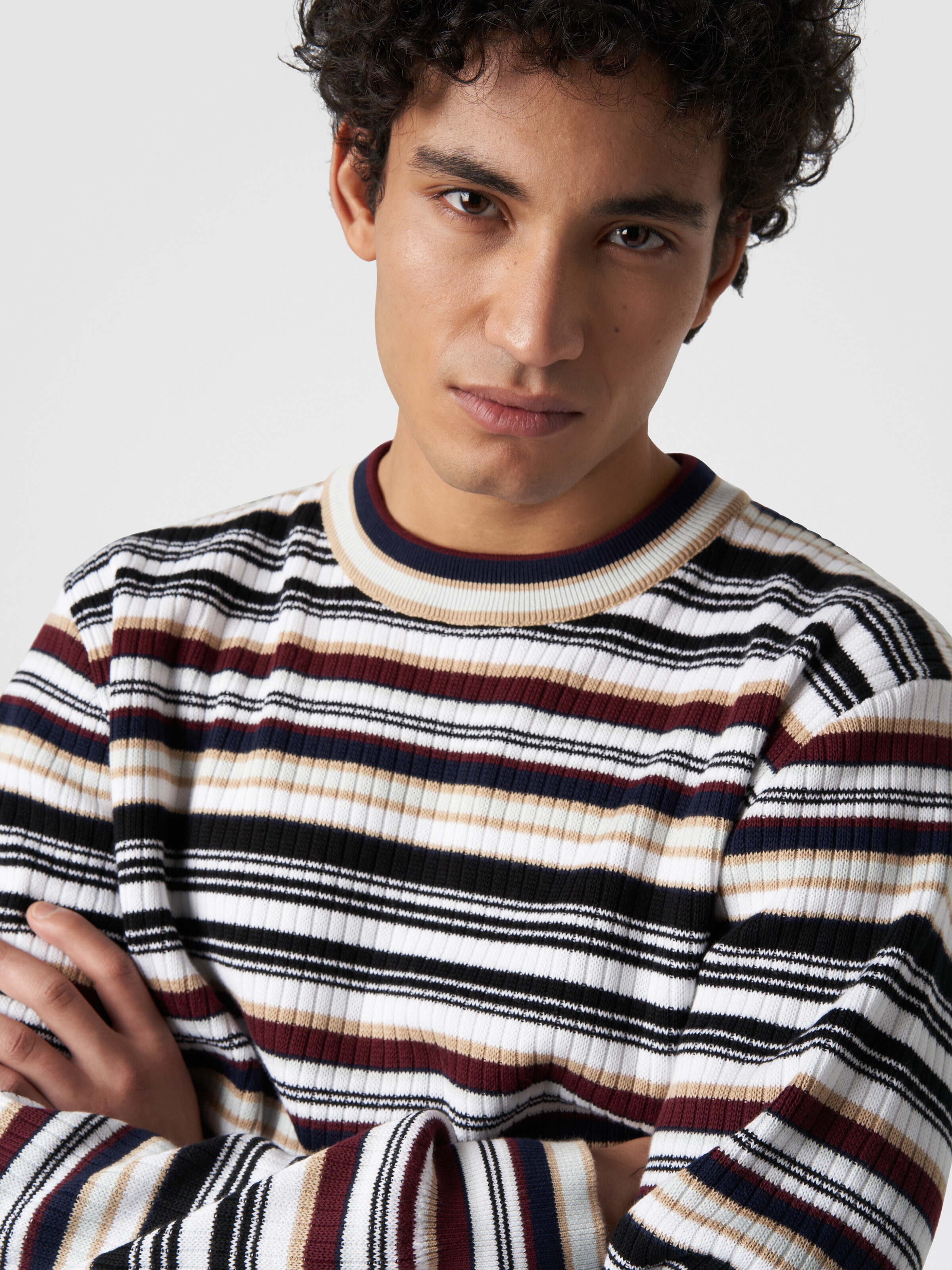 Crew-neck pullover in striped cotton, Multicoloured  - 4