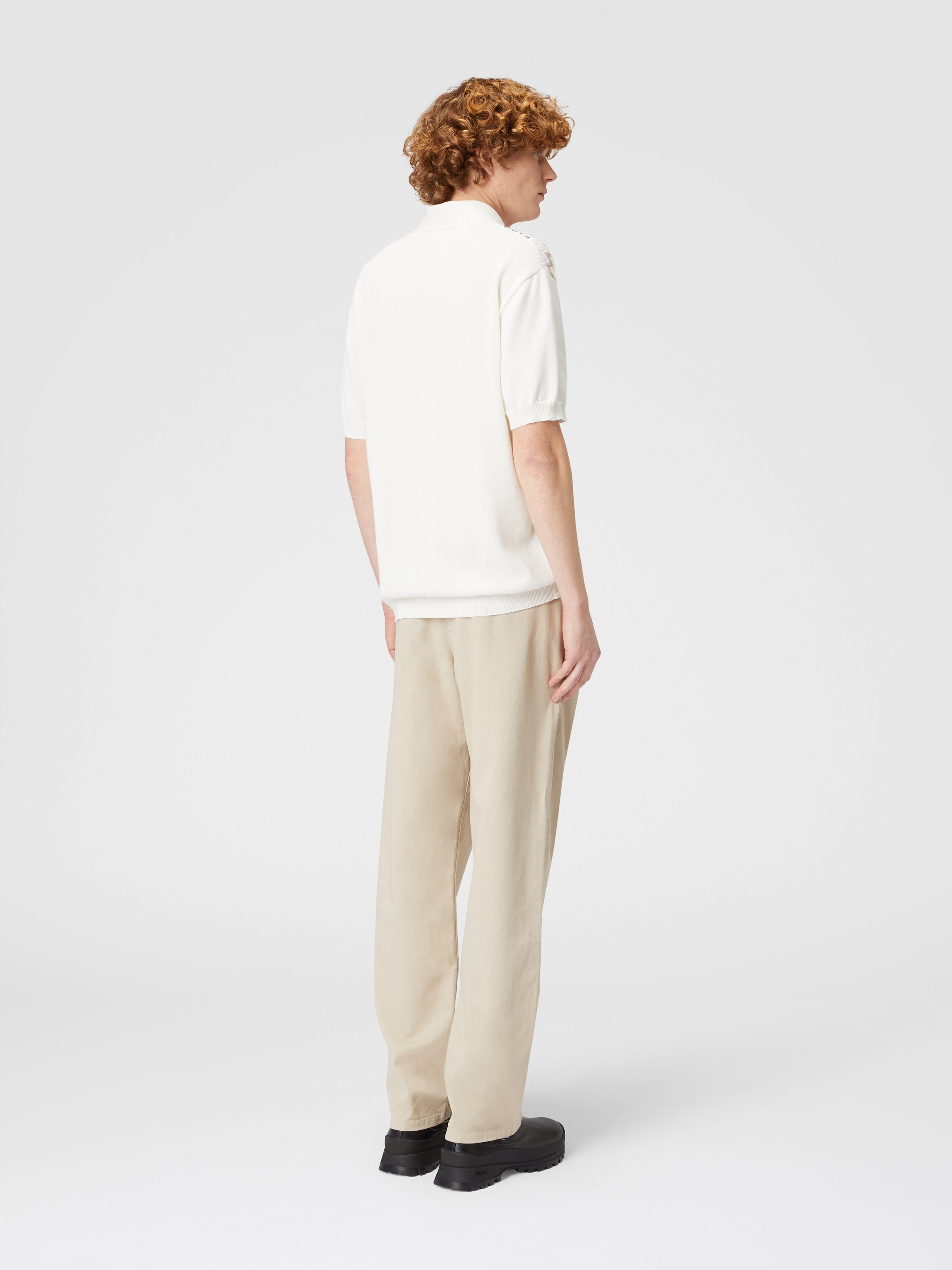 Zigzag cotton knit polo shirt with solid color inserts White