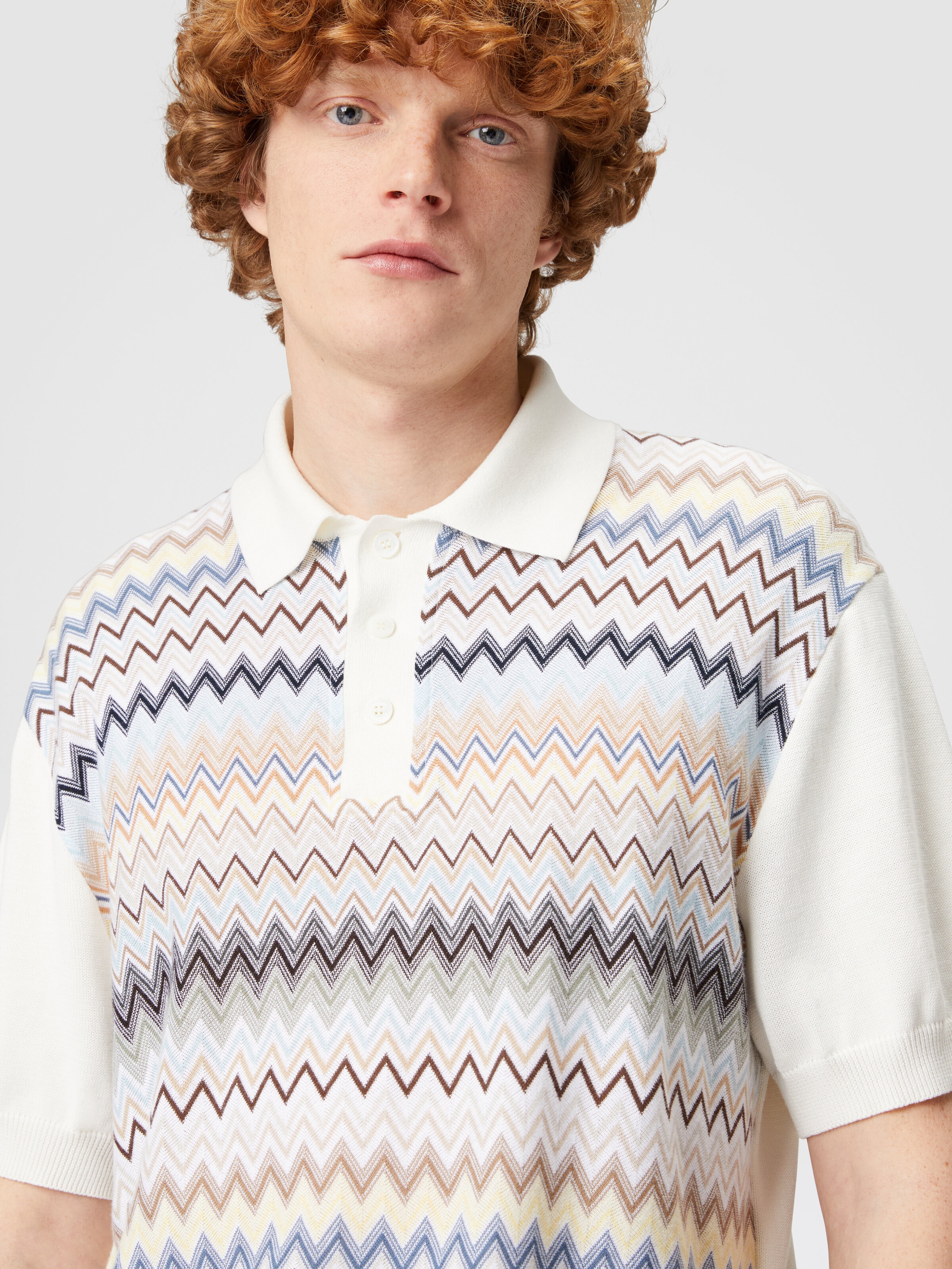 Zigzag cotton knit polo shirt with solid color inserts White &  Multicoloured | Missoni