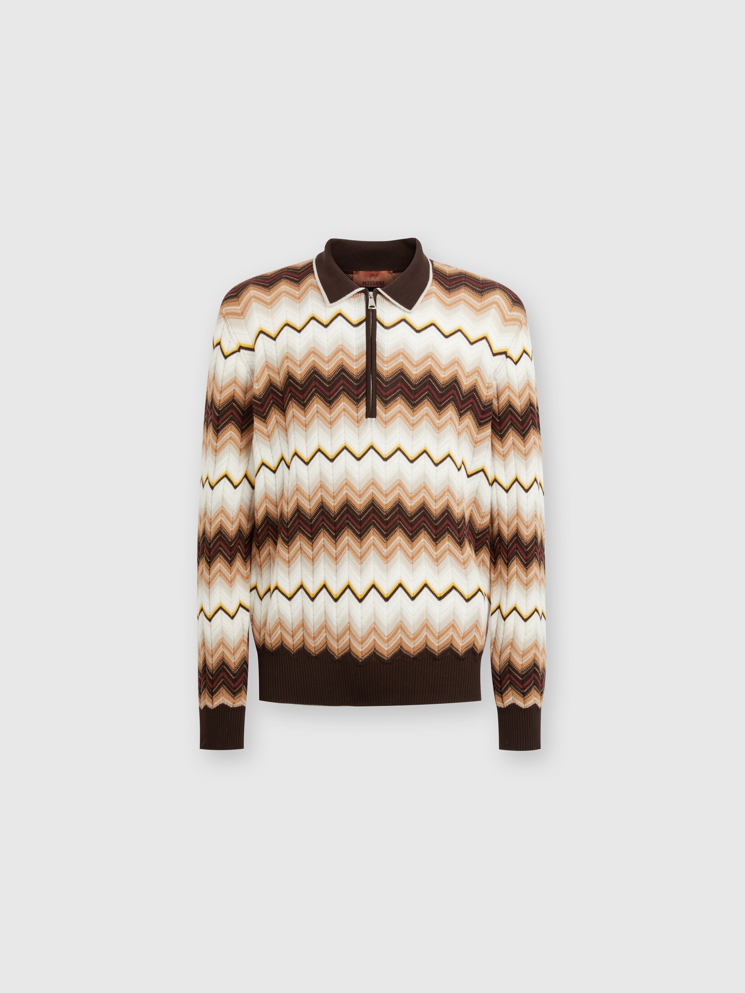 Polo à manches longues en laine et coton zigzag, Multicolore  - 0