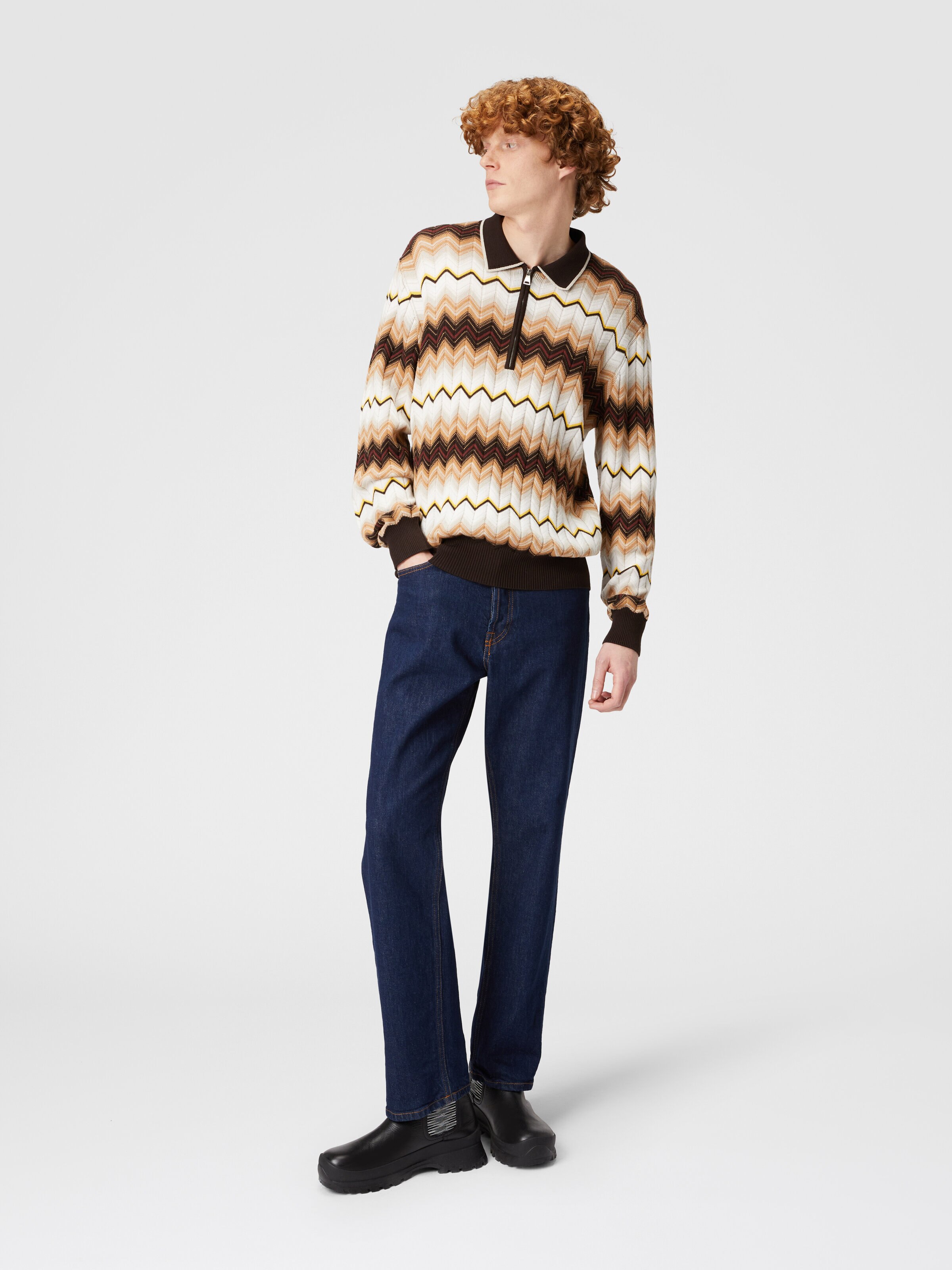 Polo à manches longues en laine et coton zigzag, Multicolore  - 1