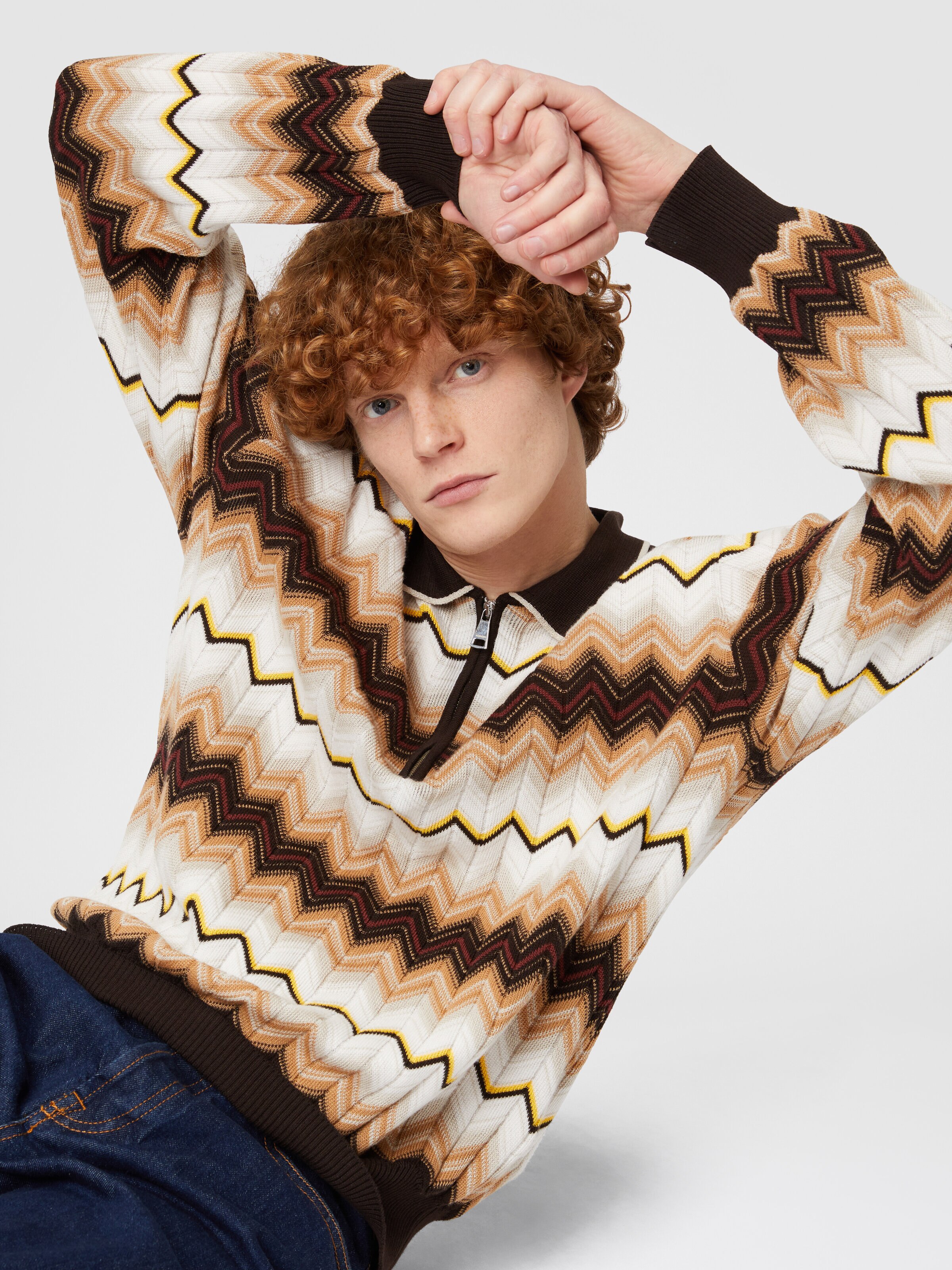 Polo à manches longues en laine et coton zigzag, Multicolore  - 3