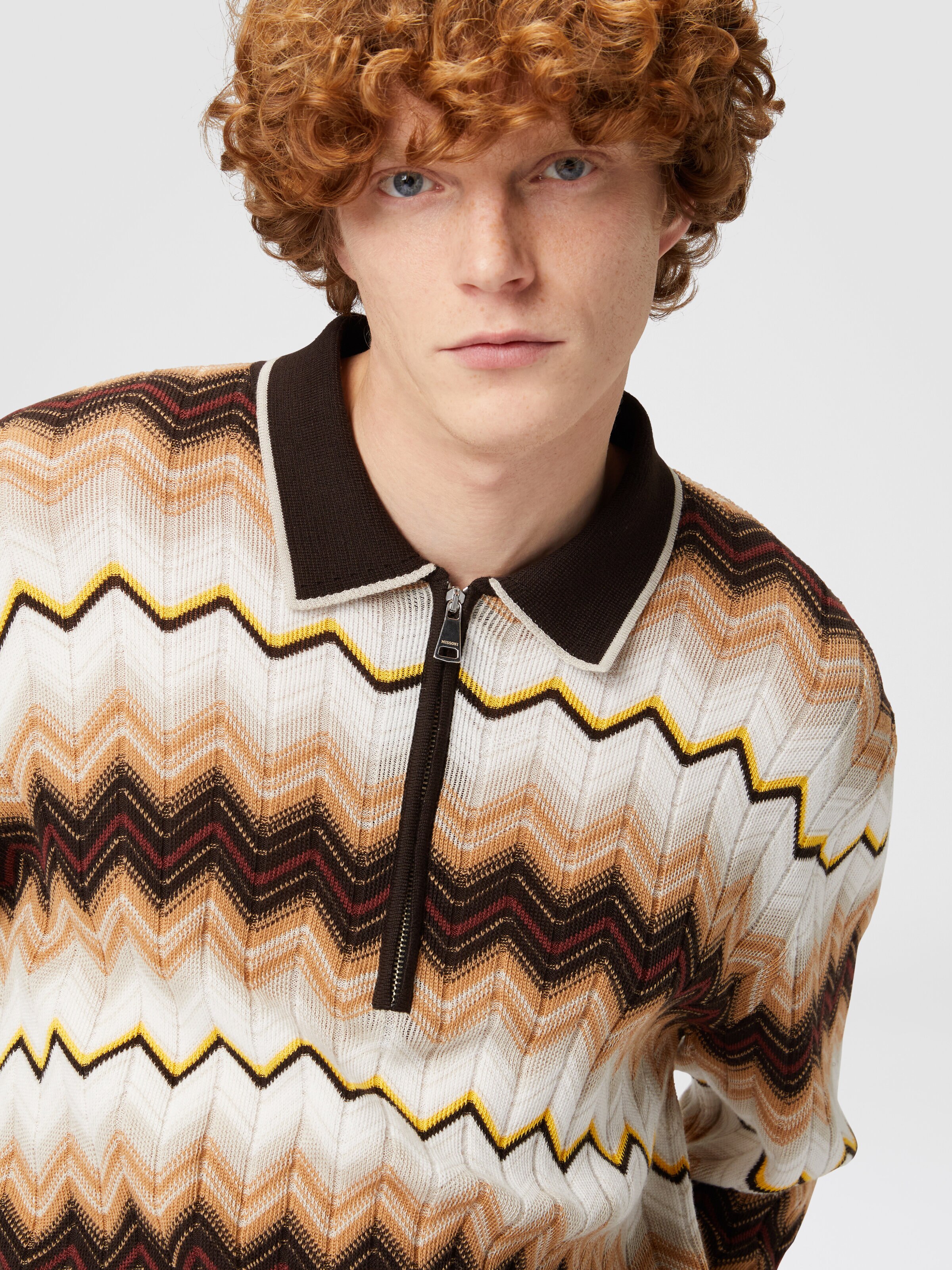 Polo à manches longues en laine et coton zigzag, Multicolore  - 4