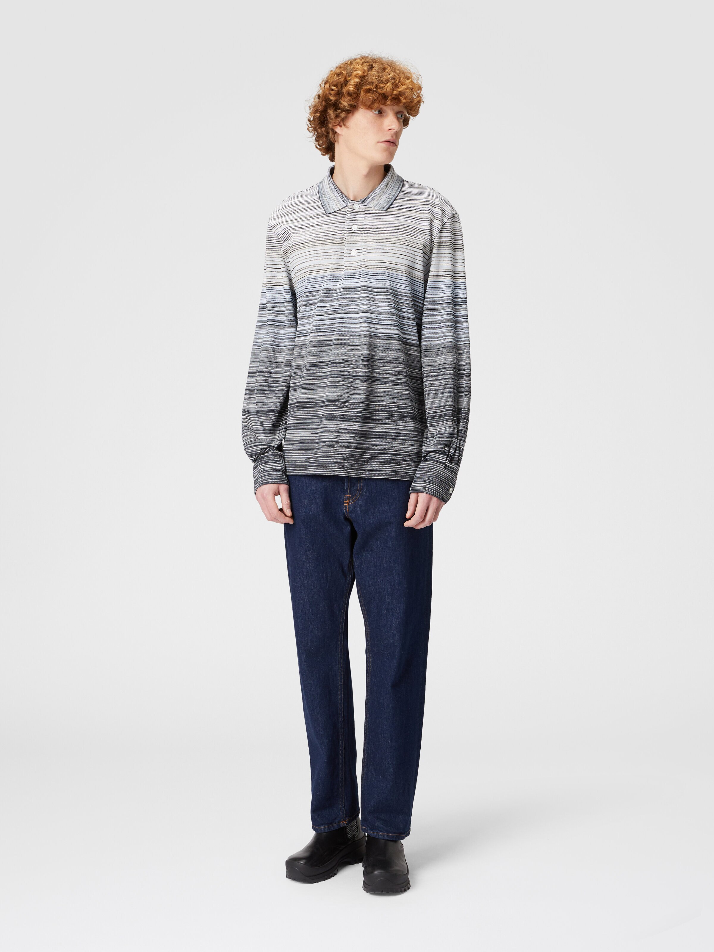 Long-sleeved polo shirt in slub cotton piqué, Multicoloured  - 1