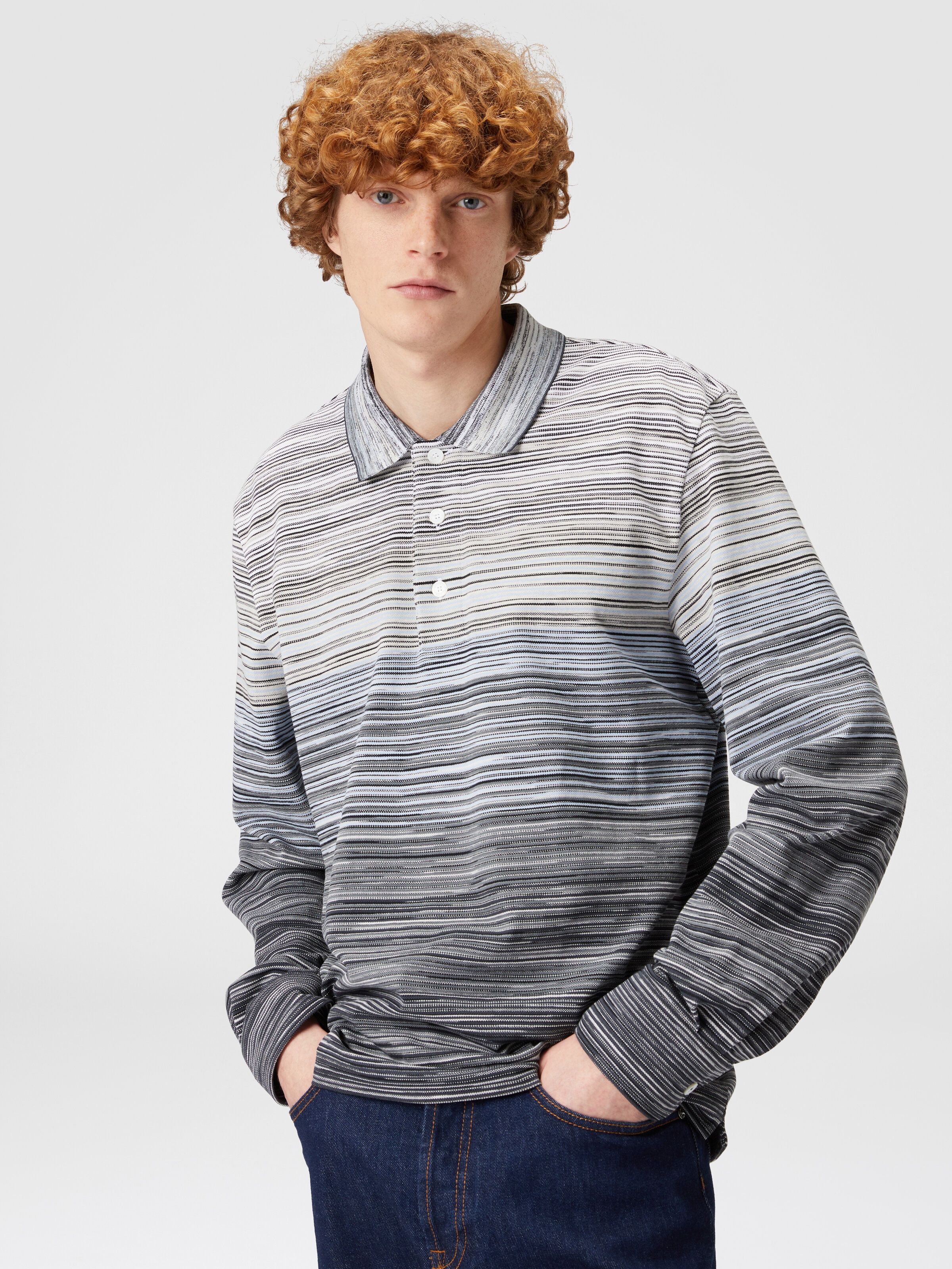 Long-sleeved polo shirt in slub cotton piqué, Multicoloured  - 3
