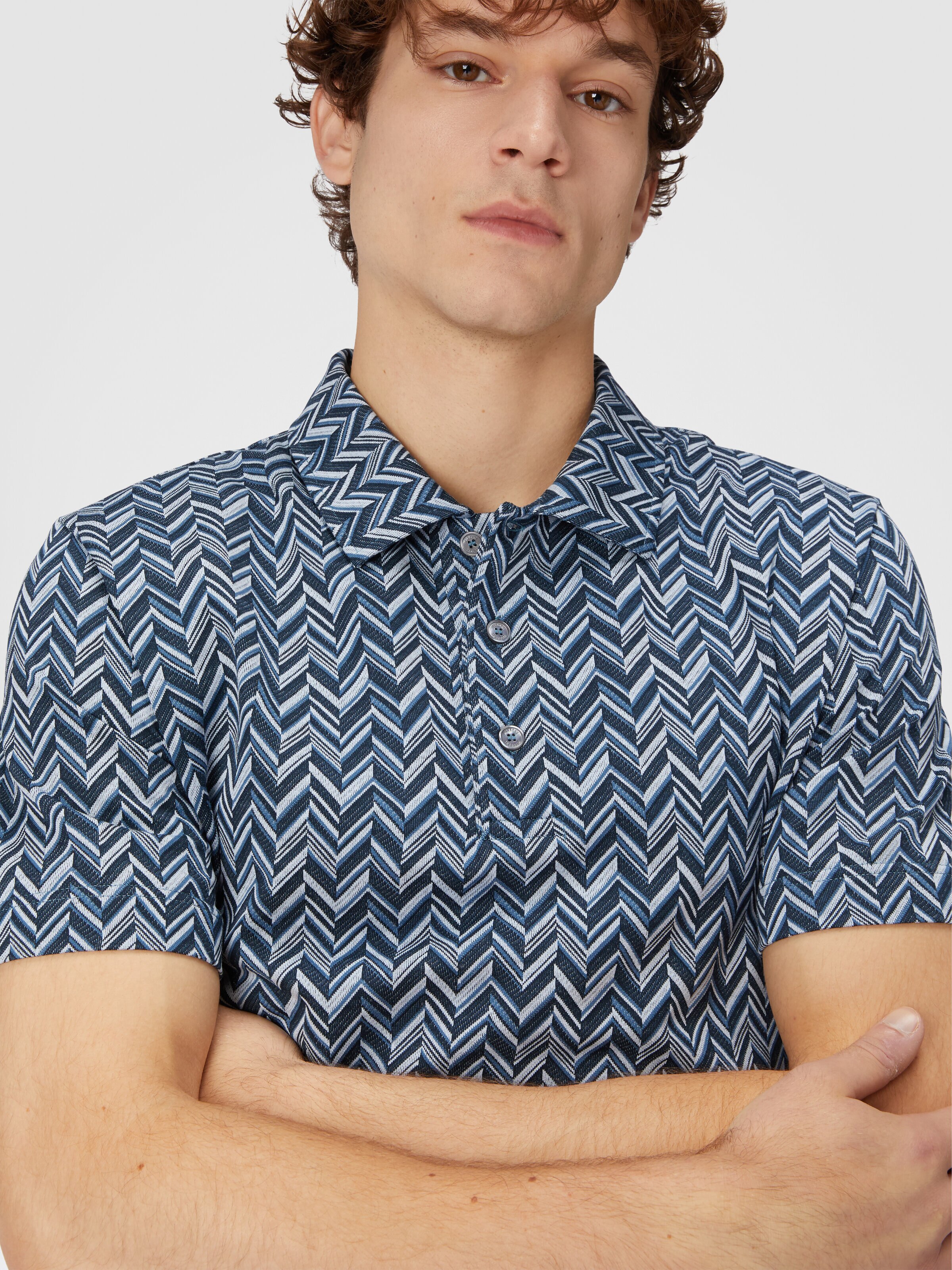 Polo en jersey de coton jacquard zigzag, Bleu - 3