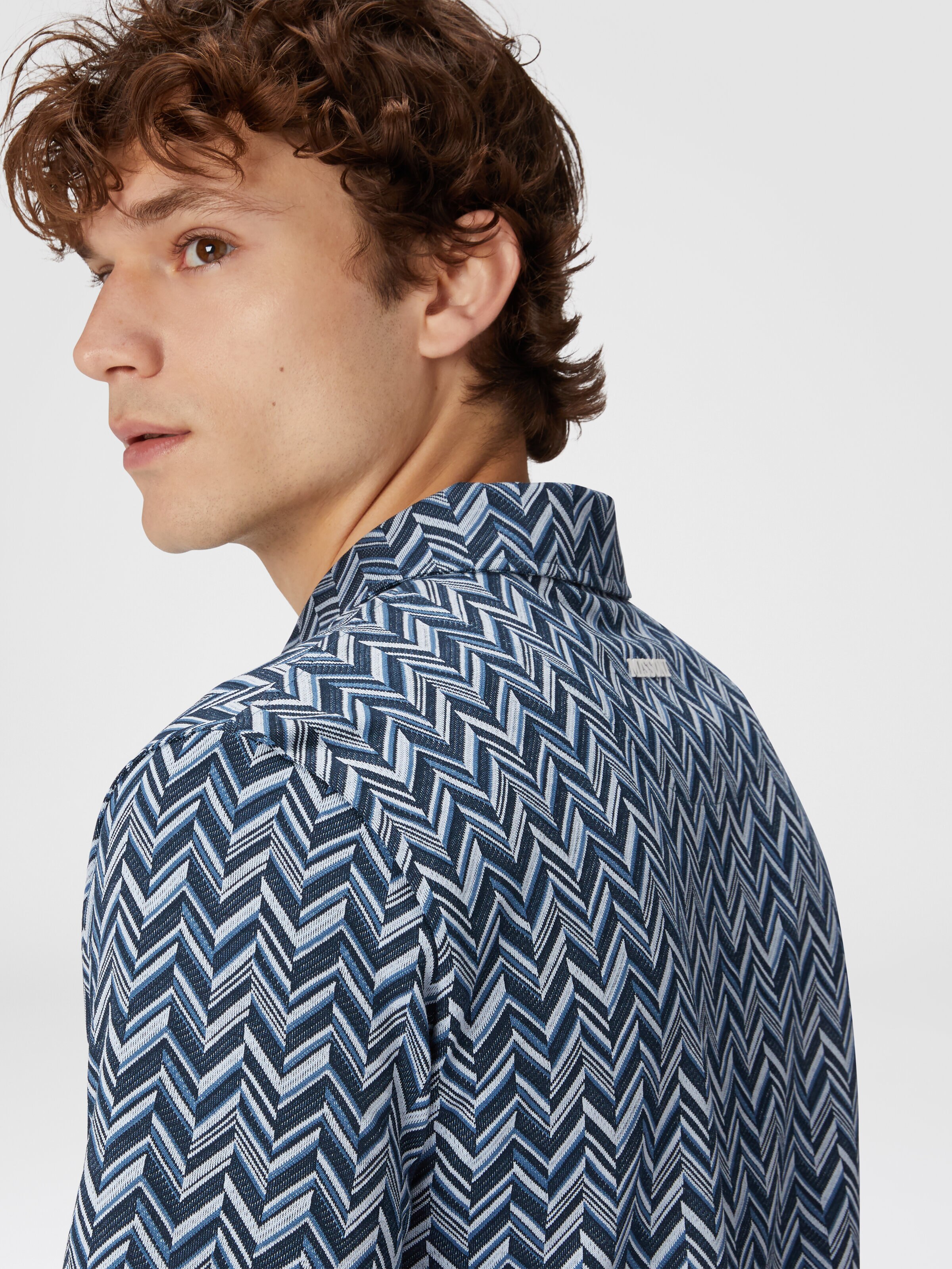 Polo en jersey de coton jacquard zigzag, Bleu - 4