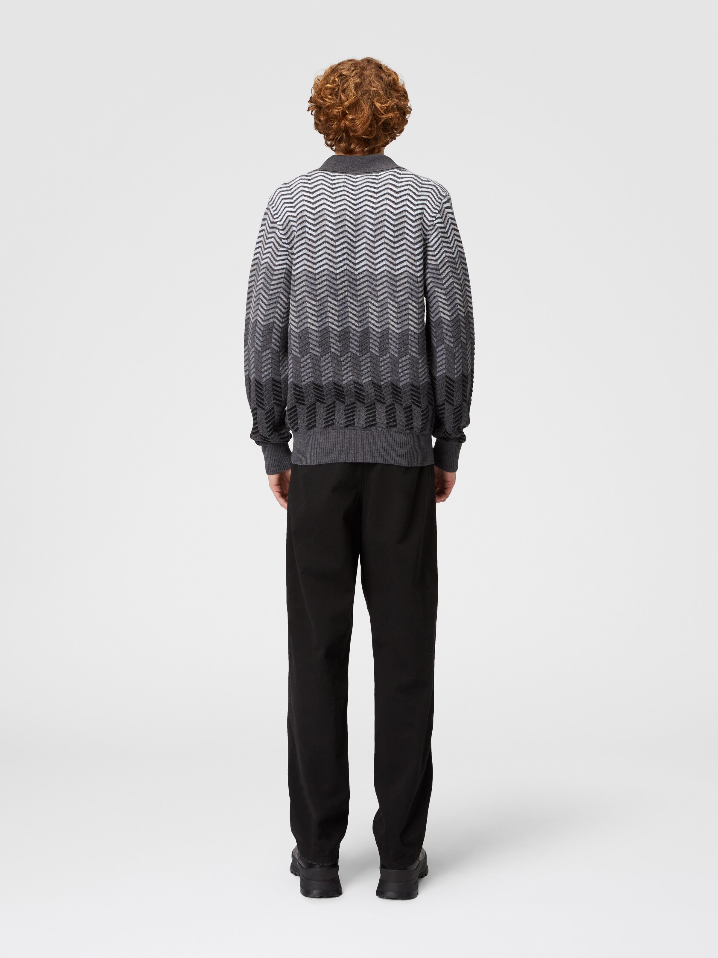 Long-sleeved polo shirt in zigzag virgin wool, Grey - 2