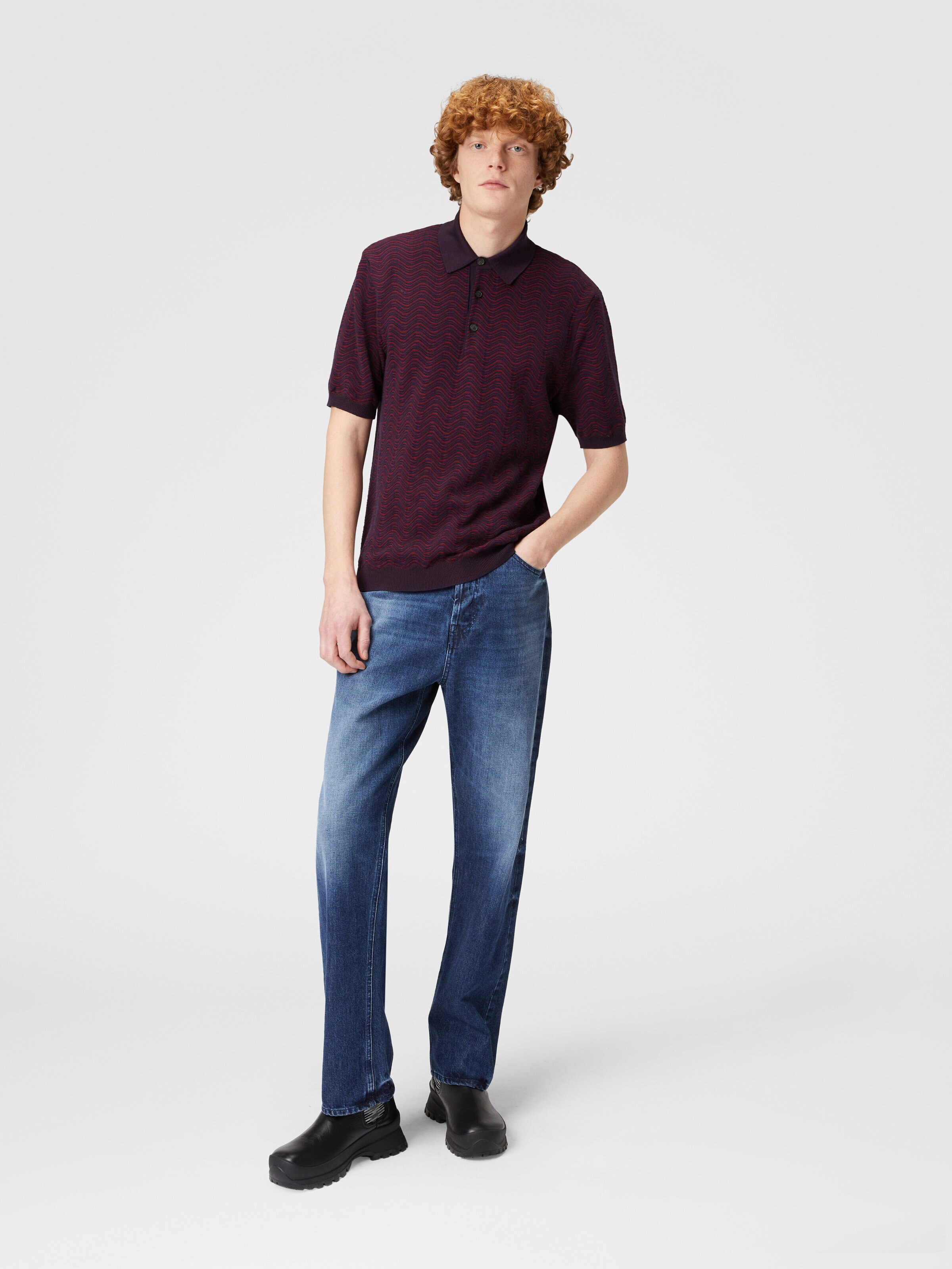 Virgin wool and viscose polo shirt with wave motif, Red  - 1