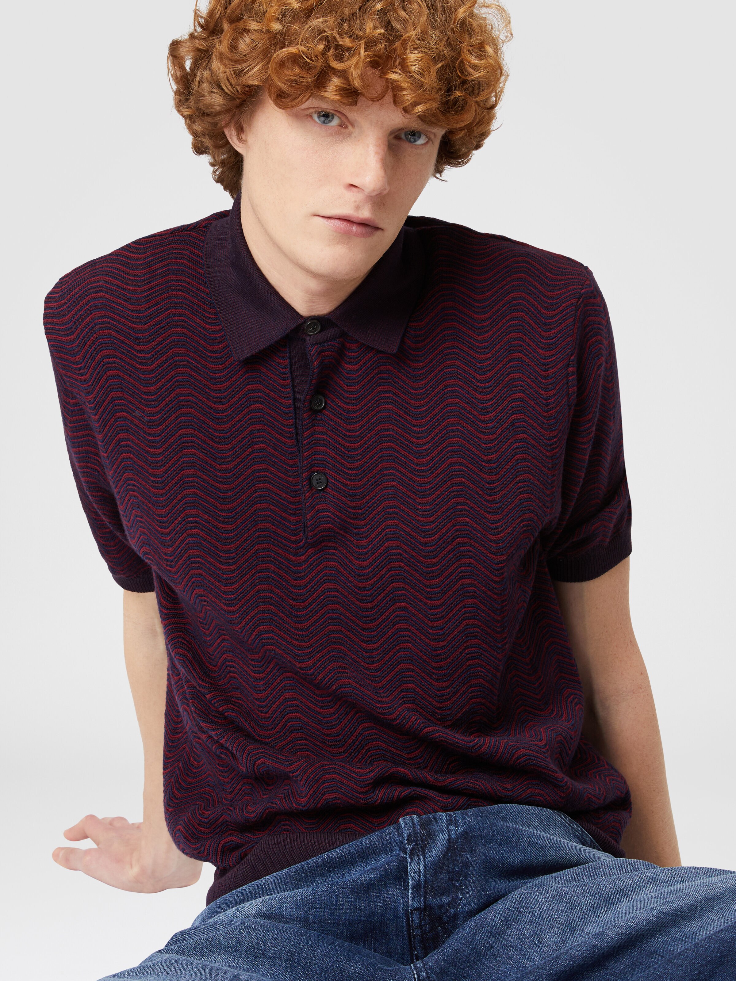Virgin wool and viscose polo shirt with wave motif, Red  - 3