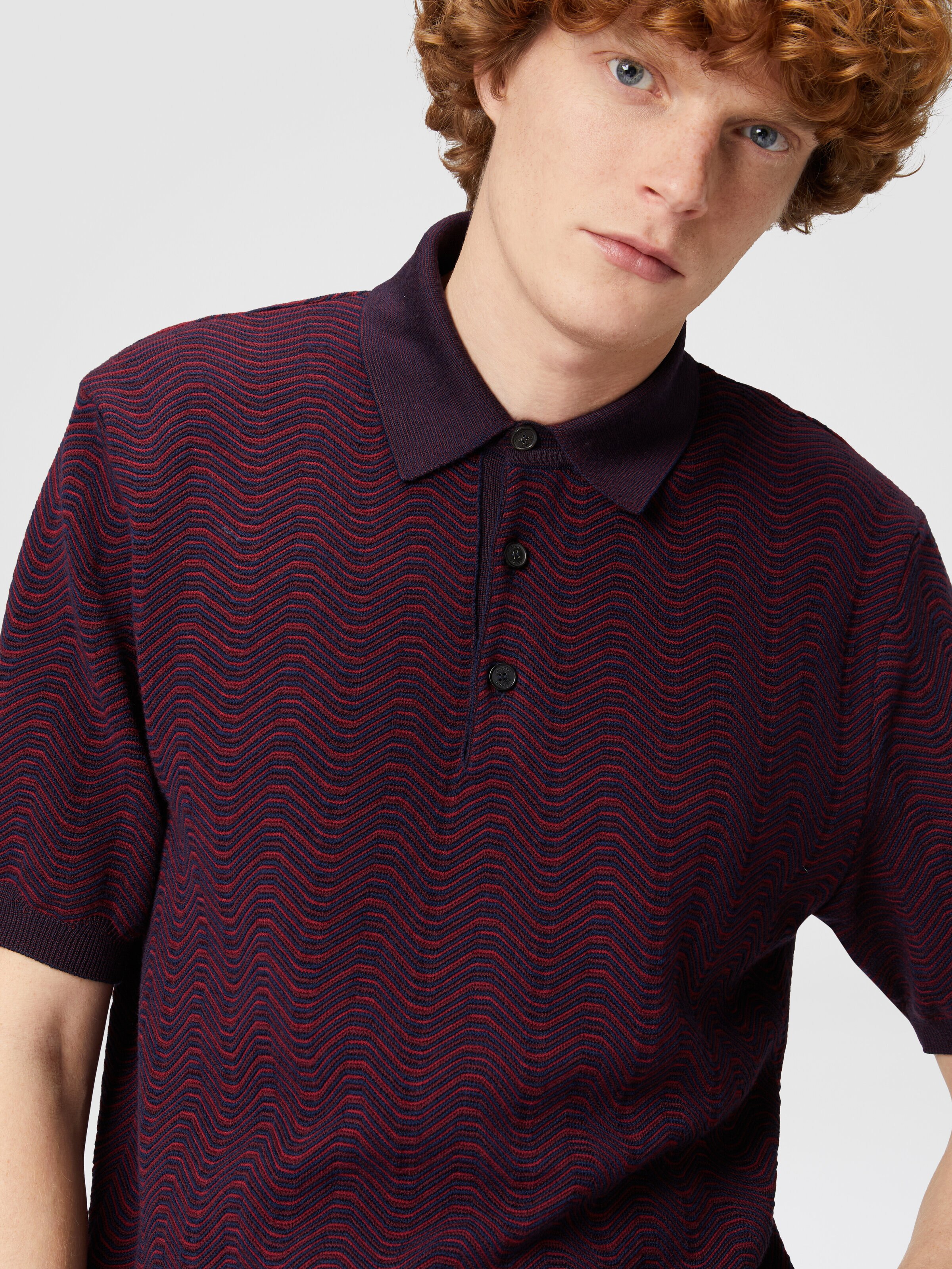 Virgin wool and viscose polo shirt with wave motif, Red  - 4