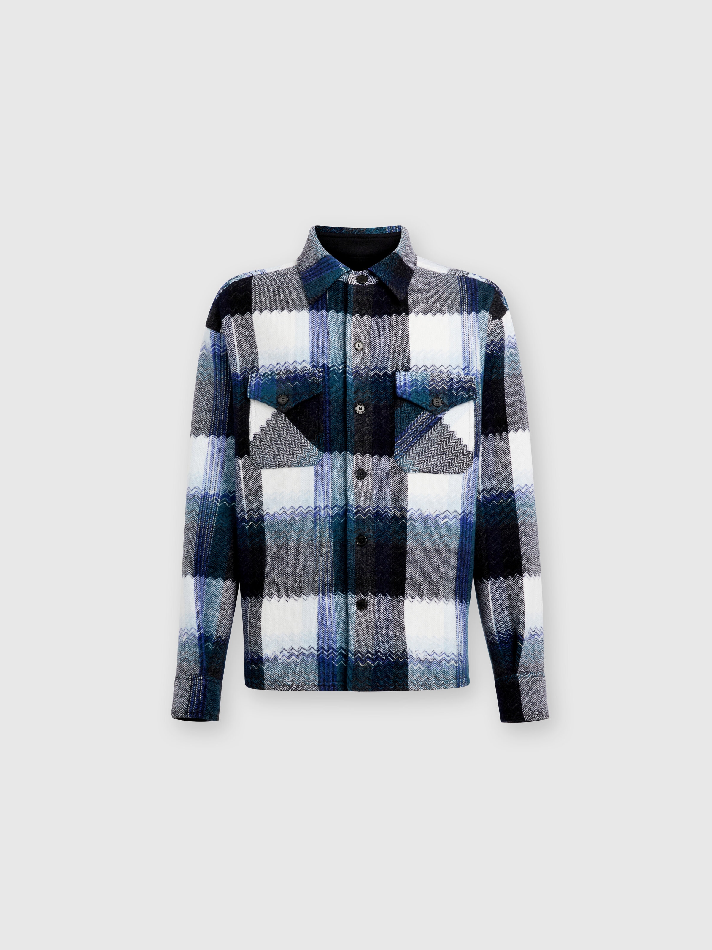 Check wool overshirt with zig zag, Blue & Grey  & White - 0