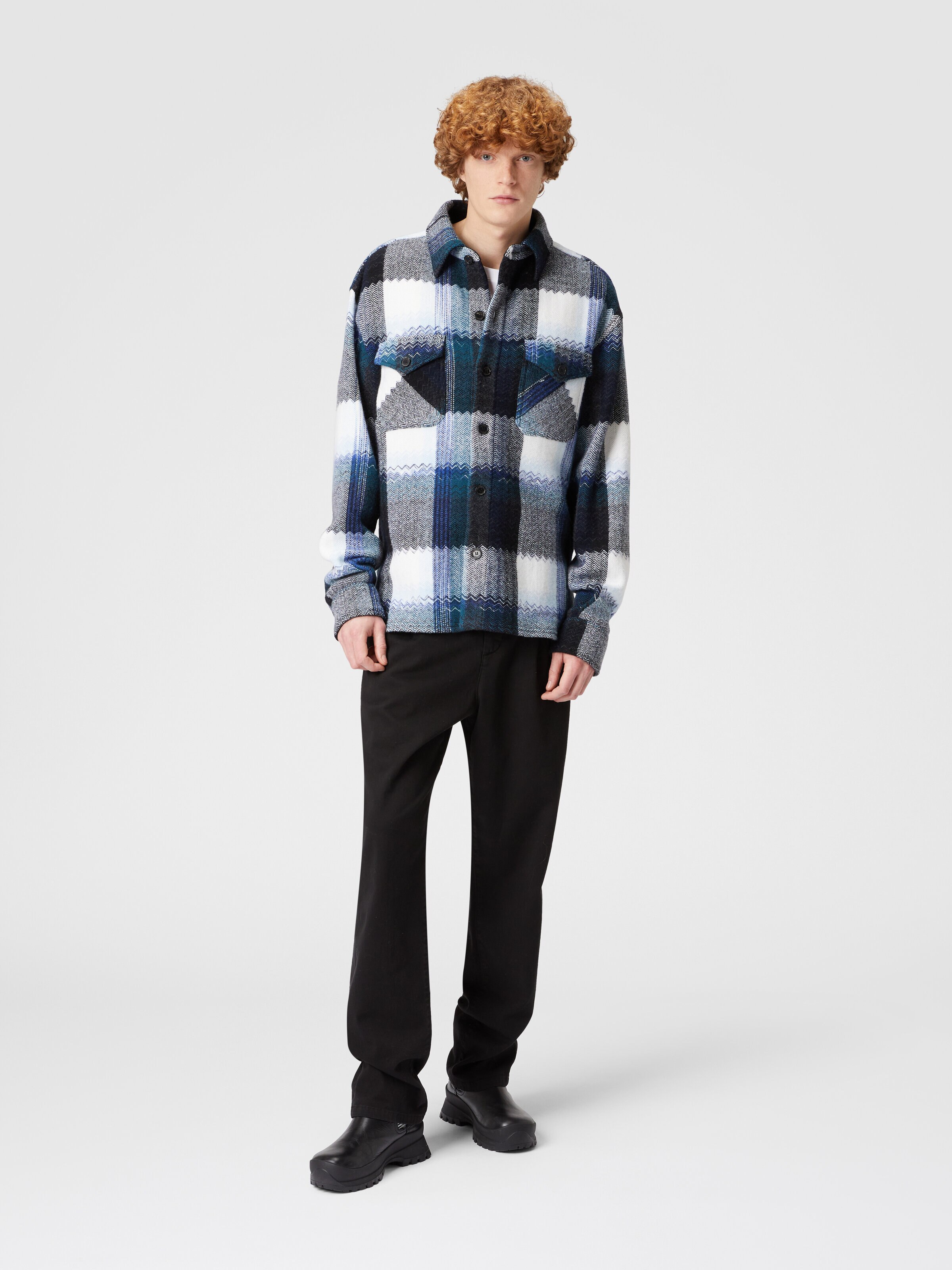 Check wool overshirt with zig zag, Blue & Grey  & White - 1