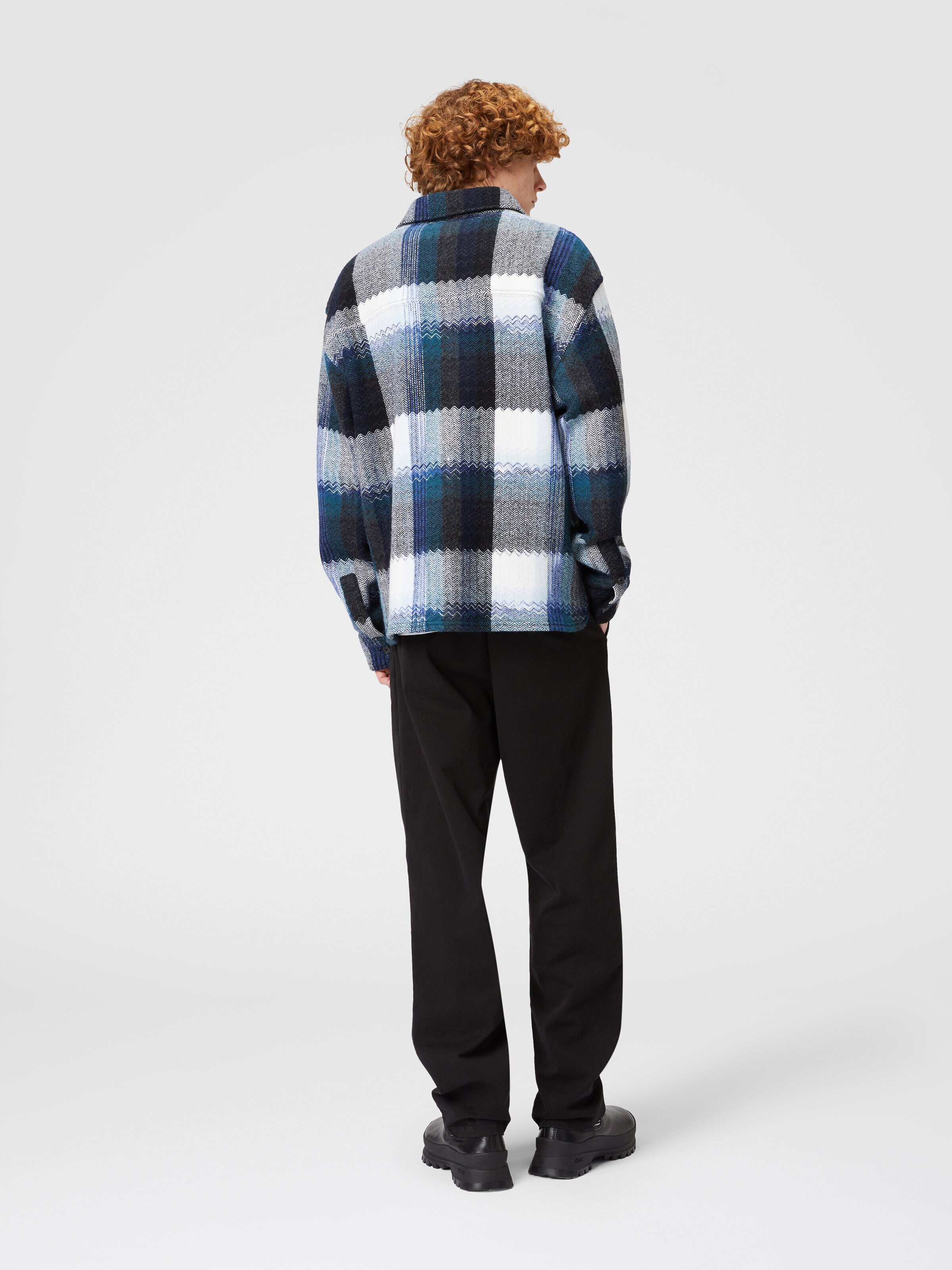 Check wool overshirt with zig zag, Blue & Grey  & White - 2