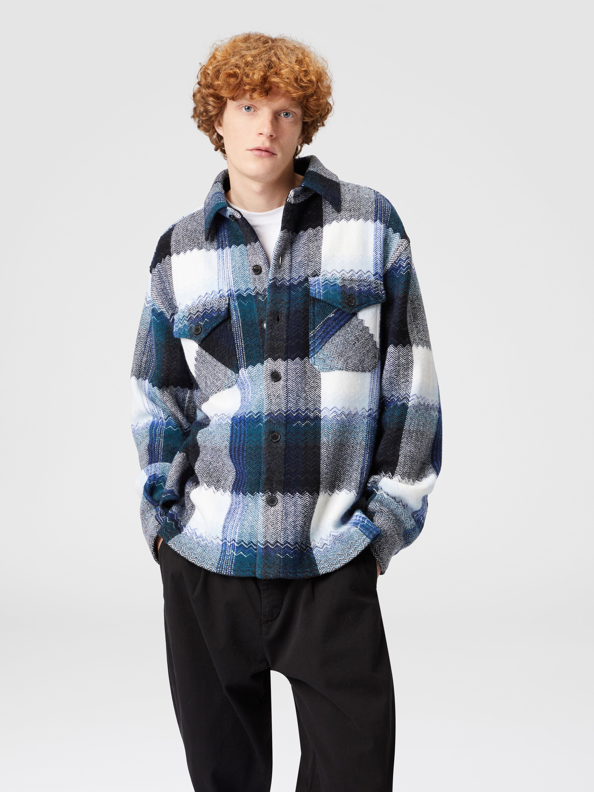 Check wool overshirt with zig zag, Blue & Grey  & White - 3