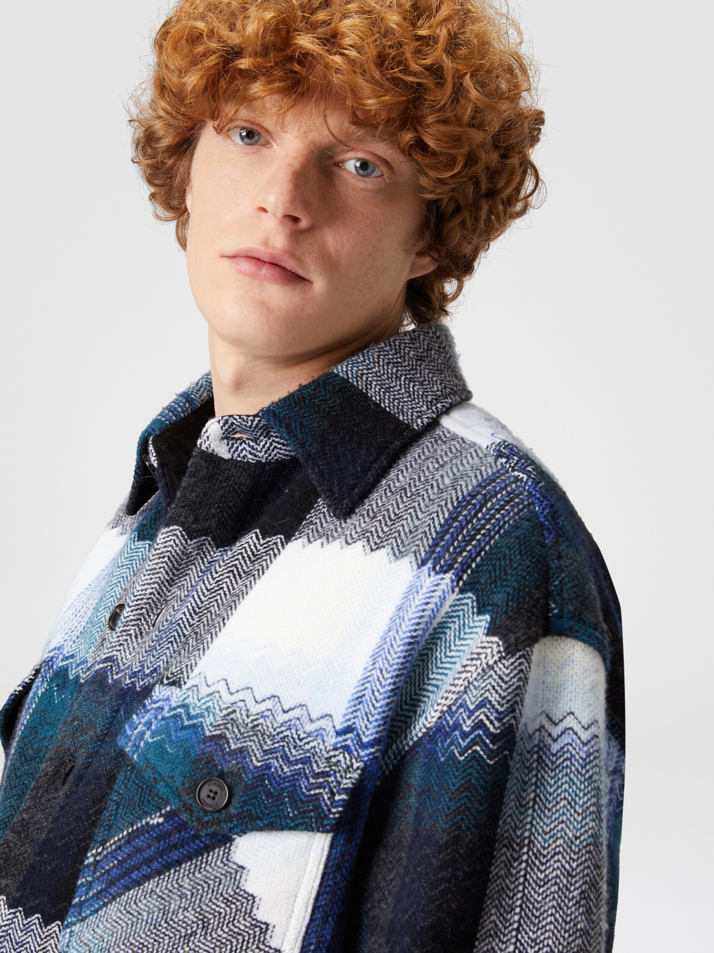 Check wool overshirt with zig zag, Blue & Grey  & White - 4