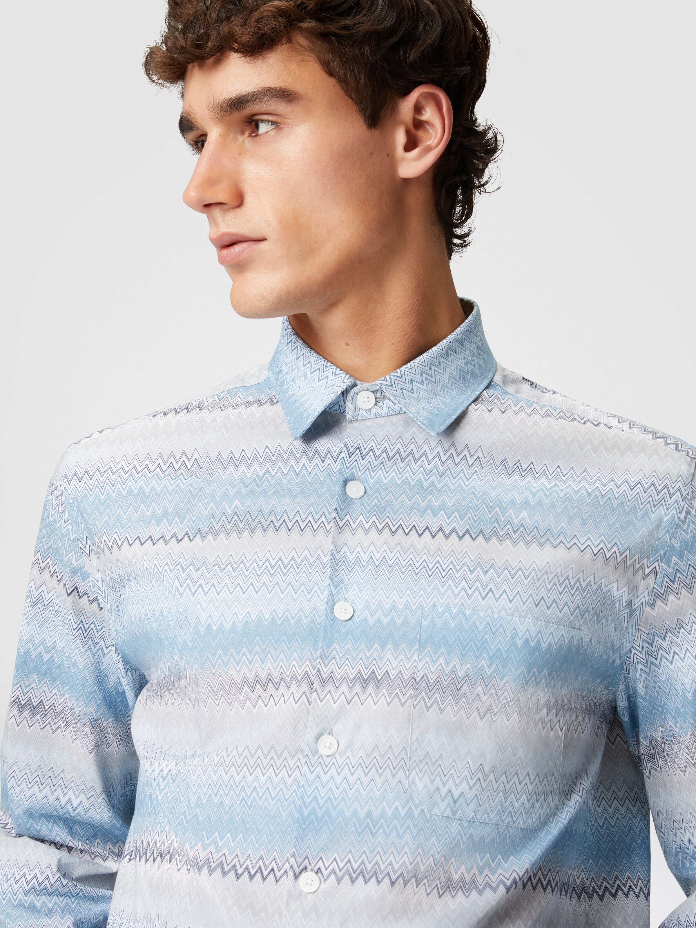 Zigzag print cotton poplin shirt, Blue & Grey - 4