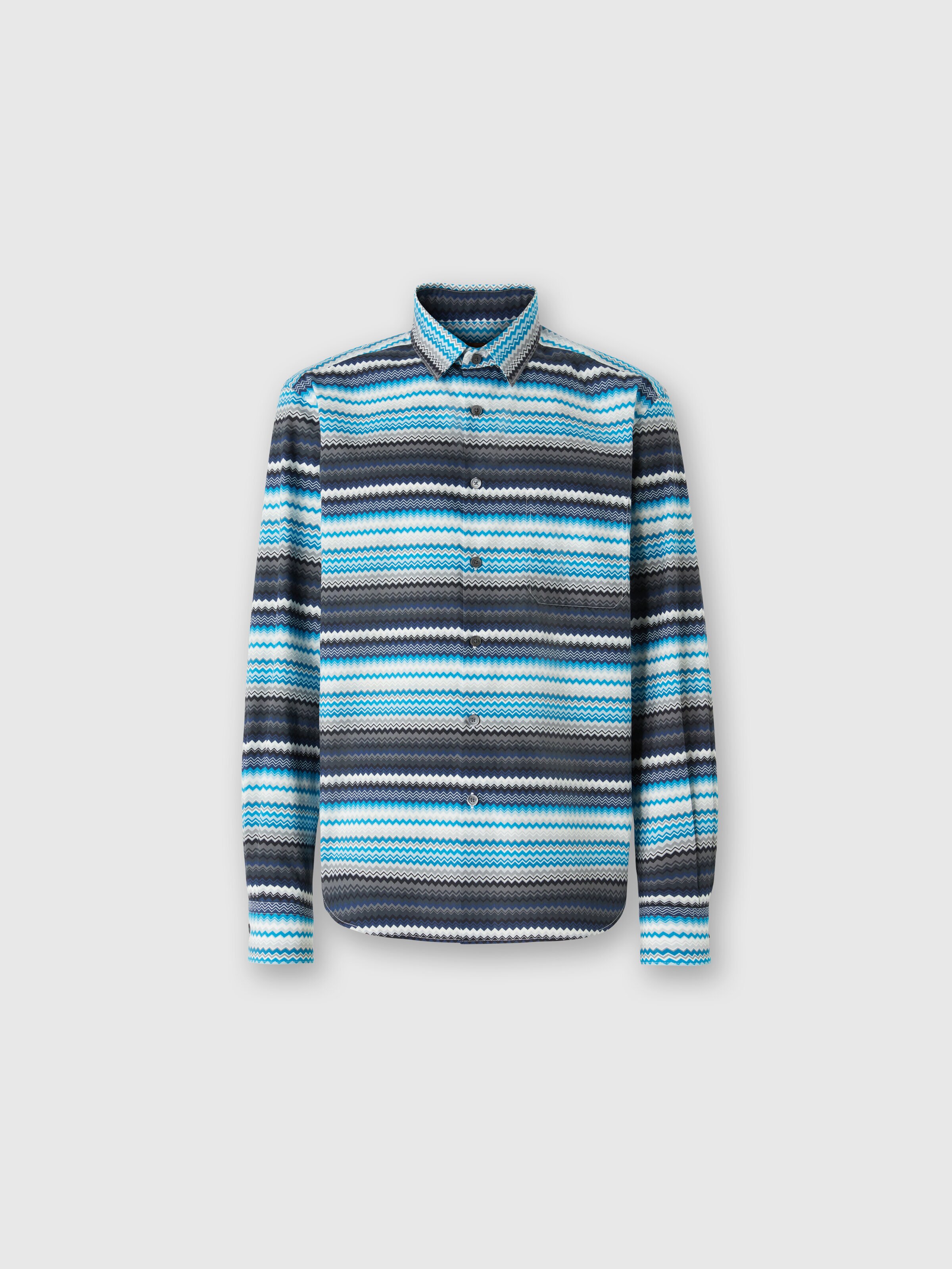 Zigzag print cotton poplin shirt, Blue & Grey  & White - 0