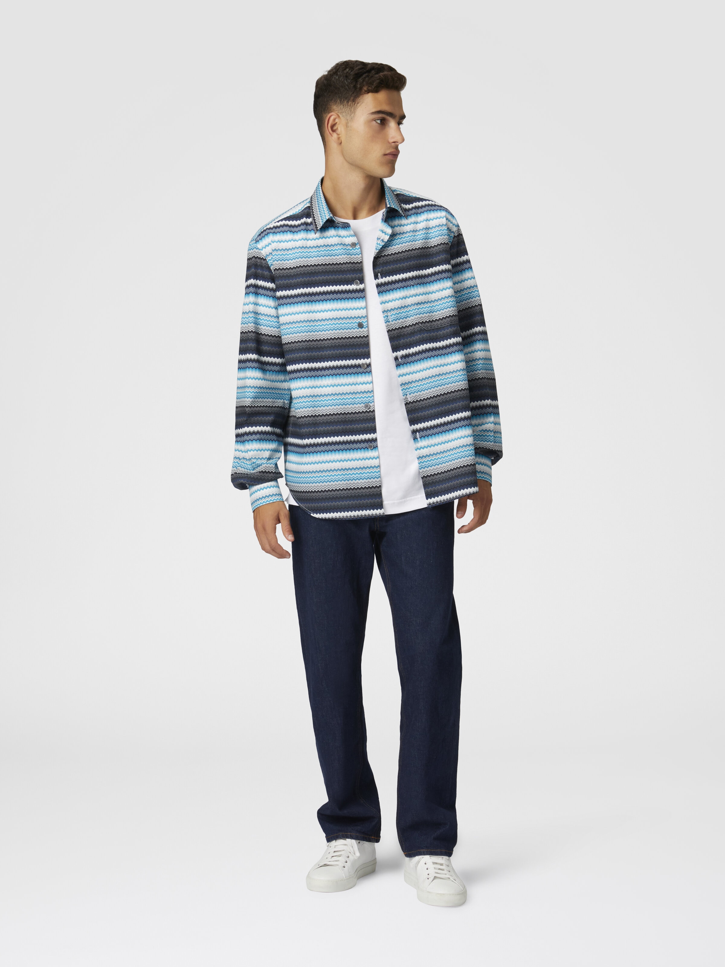 Zigzag print cotton poplin shirt, Blue & Grey  & White - 1